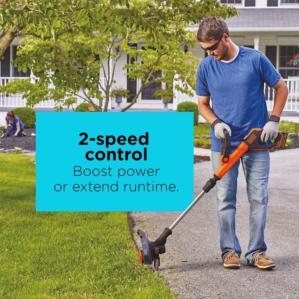 BLACK+DECKER 20V MAX 12 Inch Weed Eater Cordless String Trimmer and Wheeled Edger Lawn Tool with Spool, 2.5Ah Battery and Charger Included, Lightweight, 2 Speed PowerDrive (LST522)