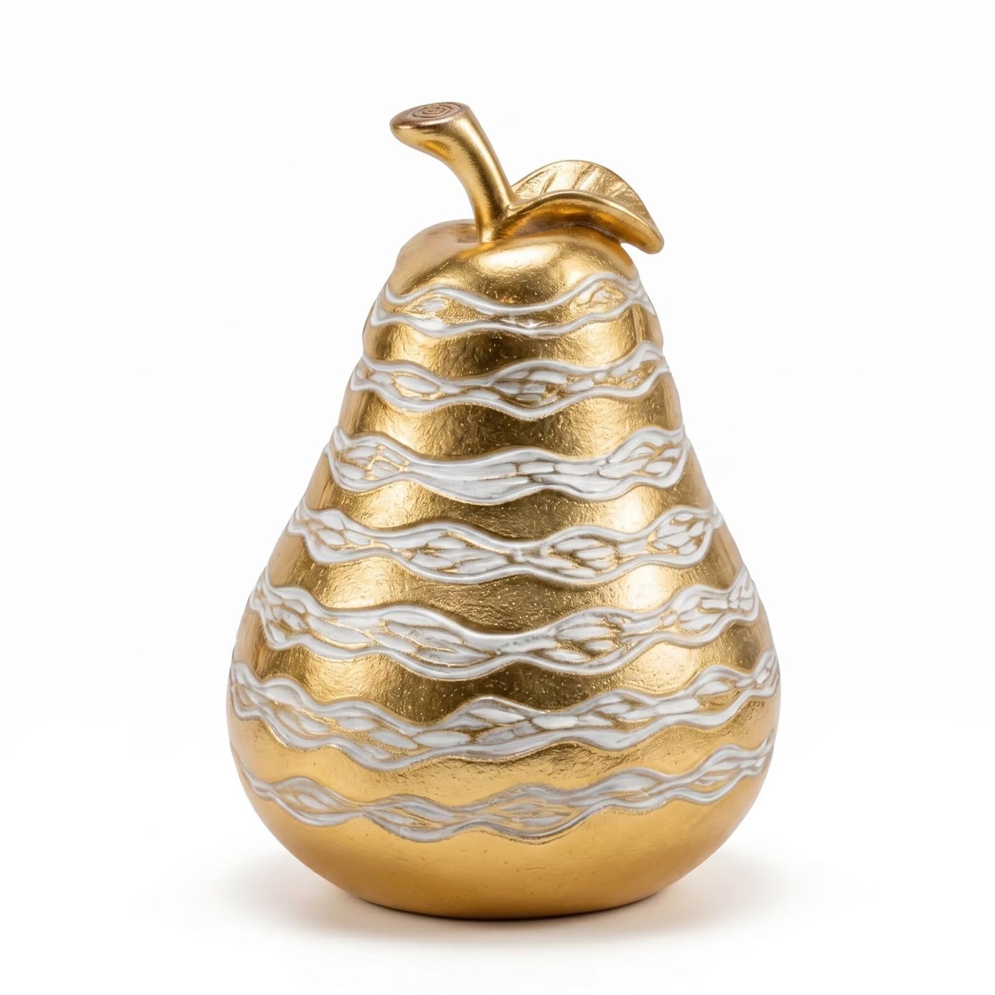 Zhao Xiang Modern Gold & White Pear Figurine - 6" Resin Fruit Statue with Textured Wavy Stripes, Contemporary Kitchen Island, Coffee Table & Shelf Decor Centerpiece