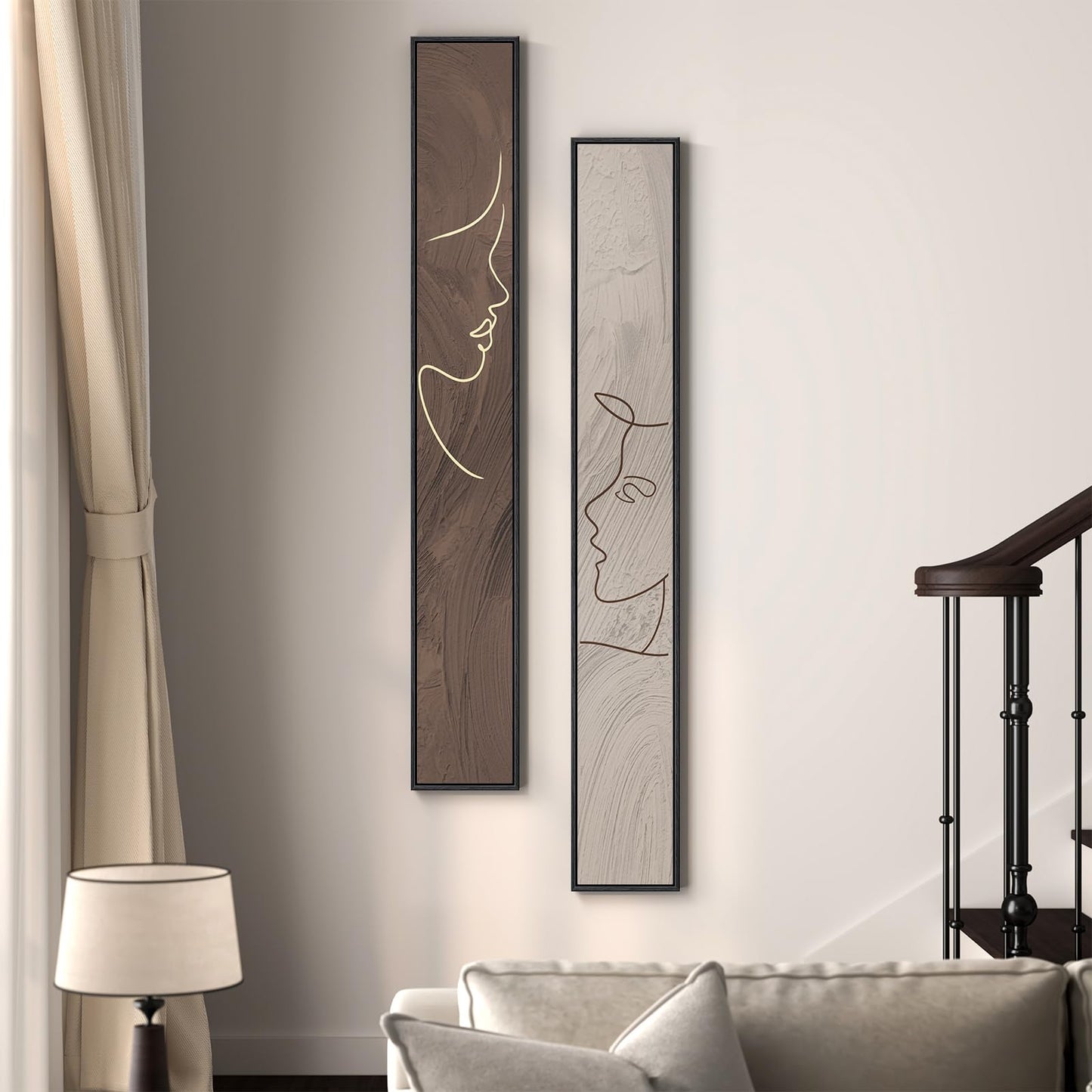 Long Narrow Framed Neutral Abstract Vertical Wall Art Set, 2 Piece Modern Canvas Prints Paintings Artwork for Walls, Beige and Brown Minimalist Pictures for Hallway Entryway Living Room Bedroom Decor