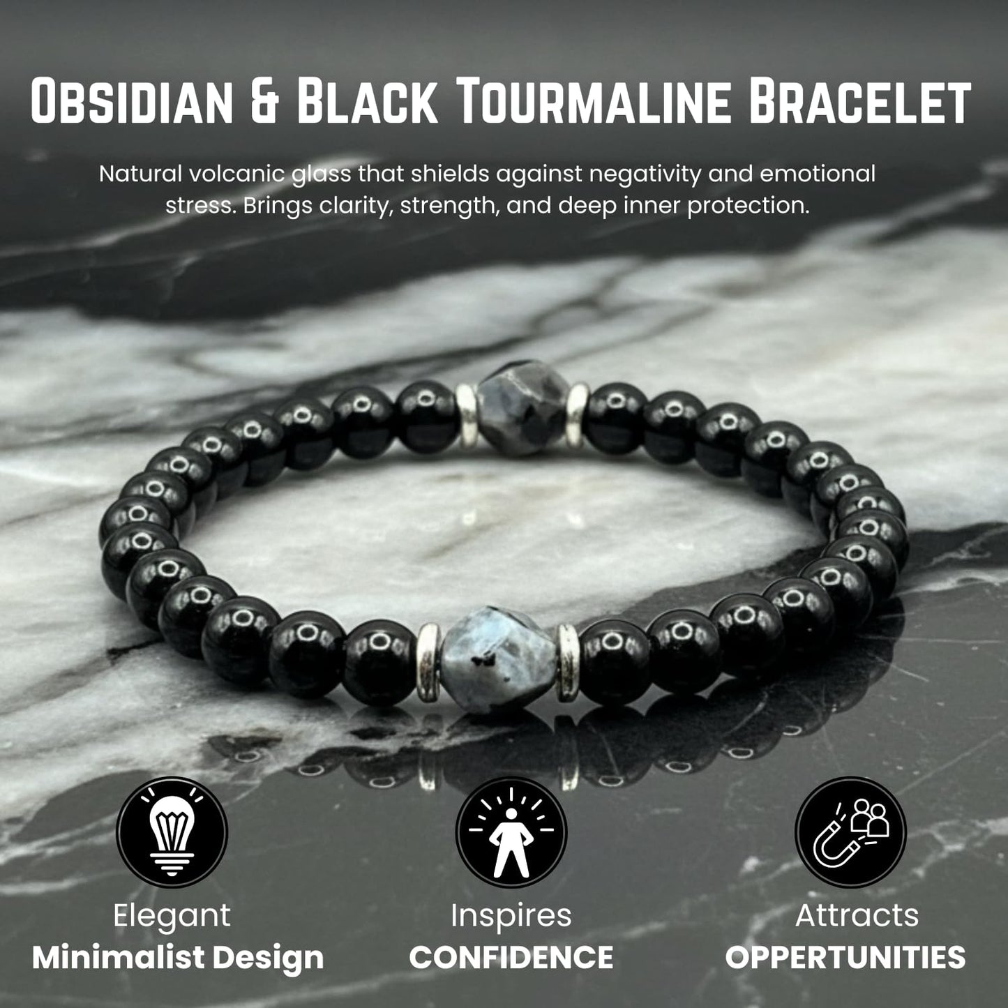 AKDNZ Obsidian & Black Tourmaline Bracelet for Women & Men - 6mm Manifestation & Protection Healing Crystal Bracelets, Handmade Spiritual Gemstones for Mother’s, Father’s Day, Christmas & Anniversary