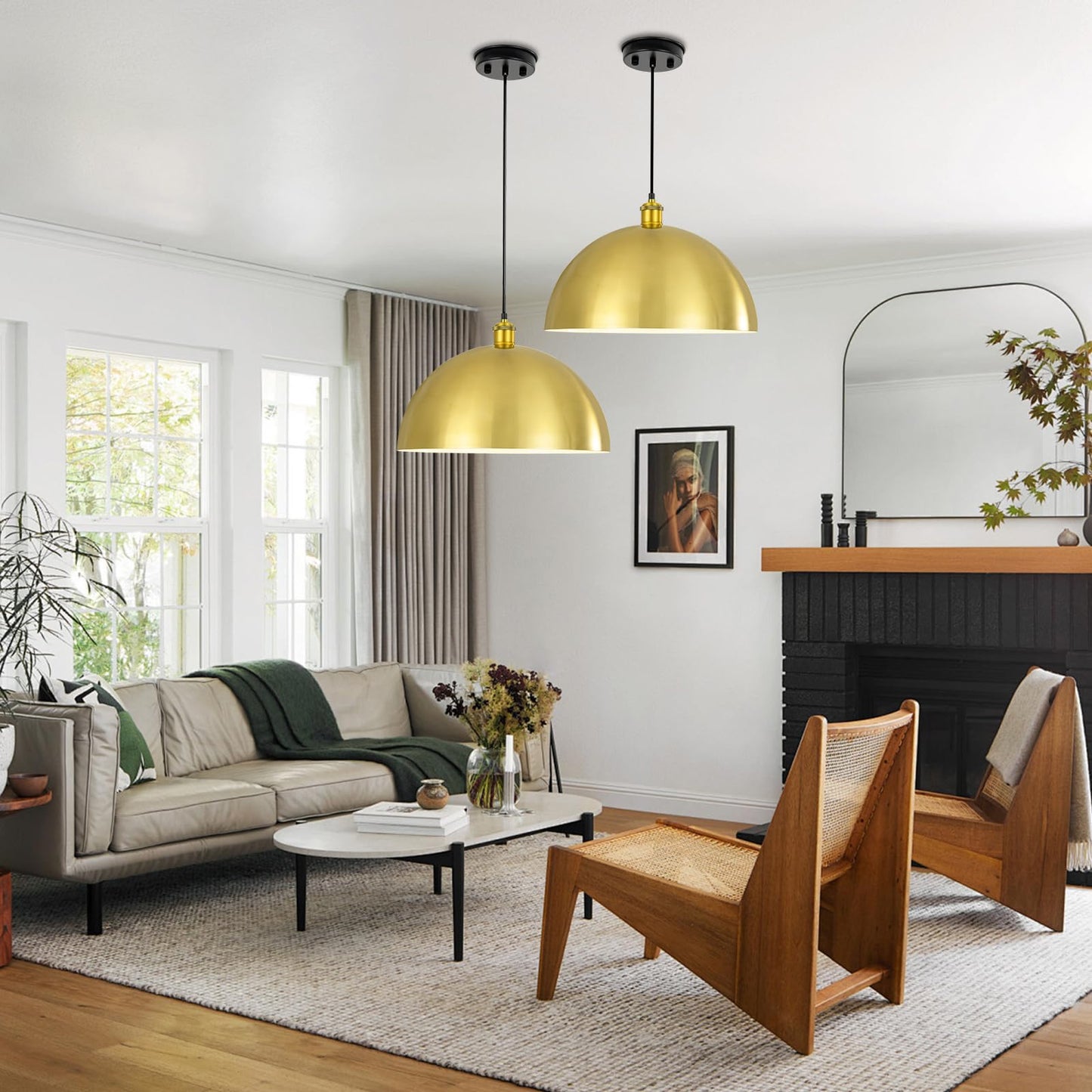 YOGIRL Gold Pendant Light, 16" Farmhouse Ceiling Light with Gold and White, Elegant Semi-Circular Shade Design, Adjustable Height Industrial Dome Pendant Lights for Kitchen Island, Dining Room