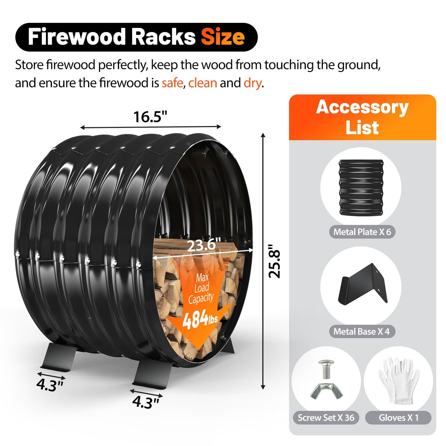 VAMFUTRE Round Metal Sheet Firewood Rack Indoor by Fireplace/Outdoor Beside Fire Pit-with Metal Legs,Rustproof,Durable & Stylish Firewood Holder (Circle, 24 Inches Diameter)