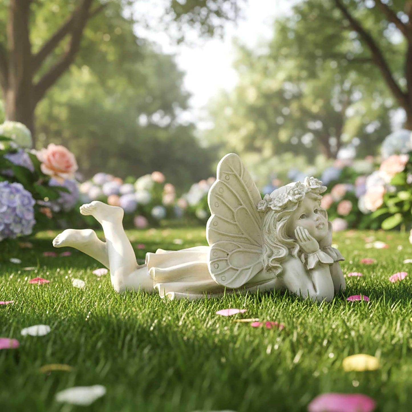 Lying Fairy Garden Statue with Hands on Chin – Outdoor Resin Angel Figurine for Yard, Patio or Lawn Decor – 10.24” Hand-Painted Fairy for Garden Fairy Scenes & Whimsical Outdoor Displays