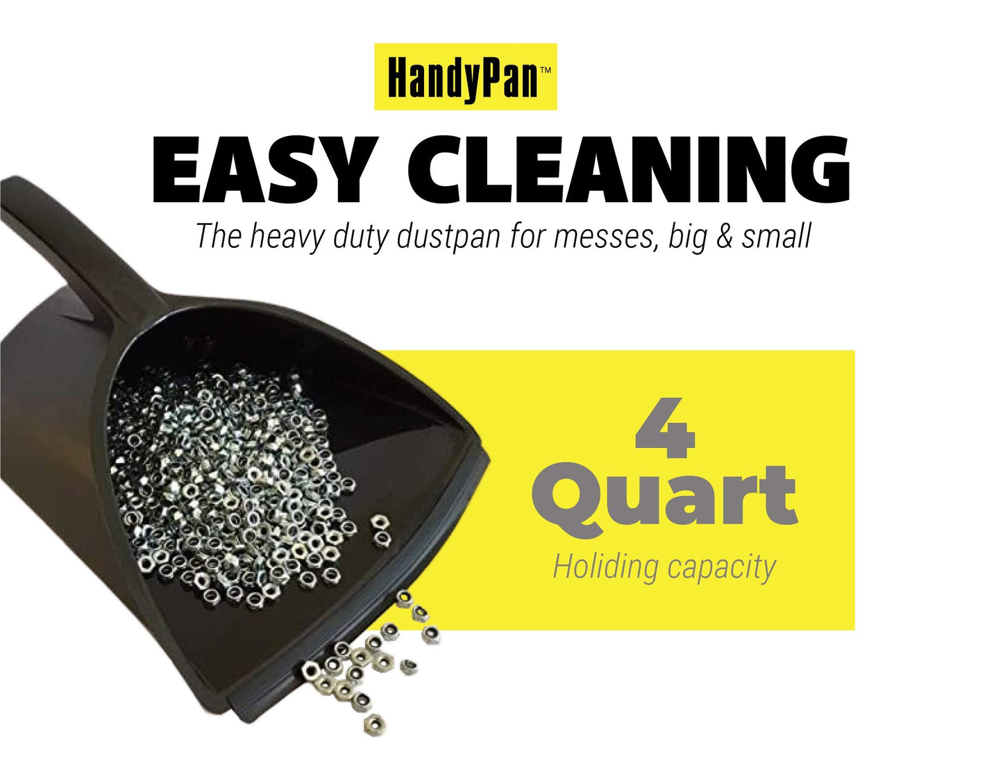 HandyPan Heavy Duty Dustpan, Black - Large Dust Pan Made in the USA with Tight Seal Lip to Keep Dust, Dirt, Debris In-Great for Home, Shop, Garage, Use-Stackable, Standing Dustpan for Wet or Dry Tasks