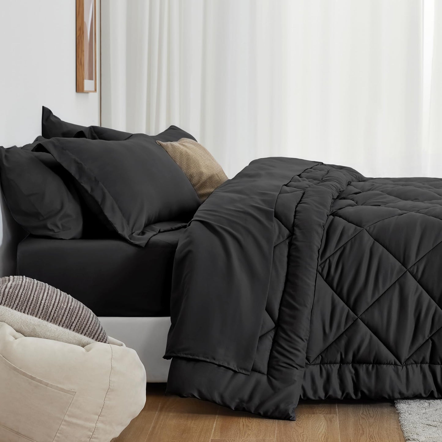 Love's cabin Full Comforter Set Black, 7 Pieces Full Bed in a Bag, All Season Bedding Sets with 1 Comforter, 1 Flat Sheet, 1 Fitted Sheet, 2 Pillowcase and 2 Pillow Sham