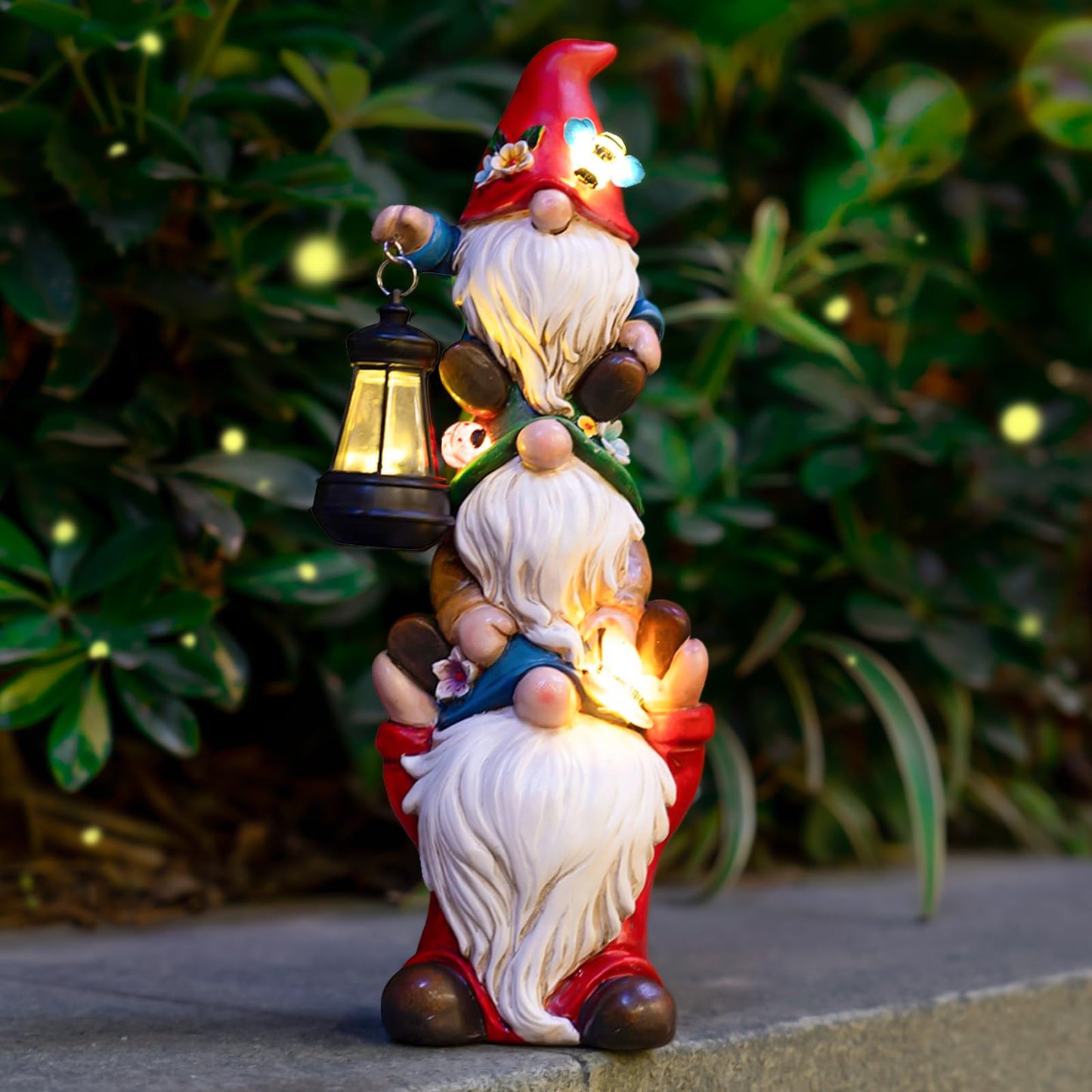 twinbling Garden Gnome Statue with Solar Lights Garden Sculptures Funny Triple Gnome Outdoor Patio Lawn Yard Balcony Home Decor Birthday Gift for Mom Woman Grandma 12 in Mothers Day Gnomes