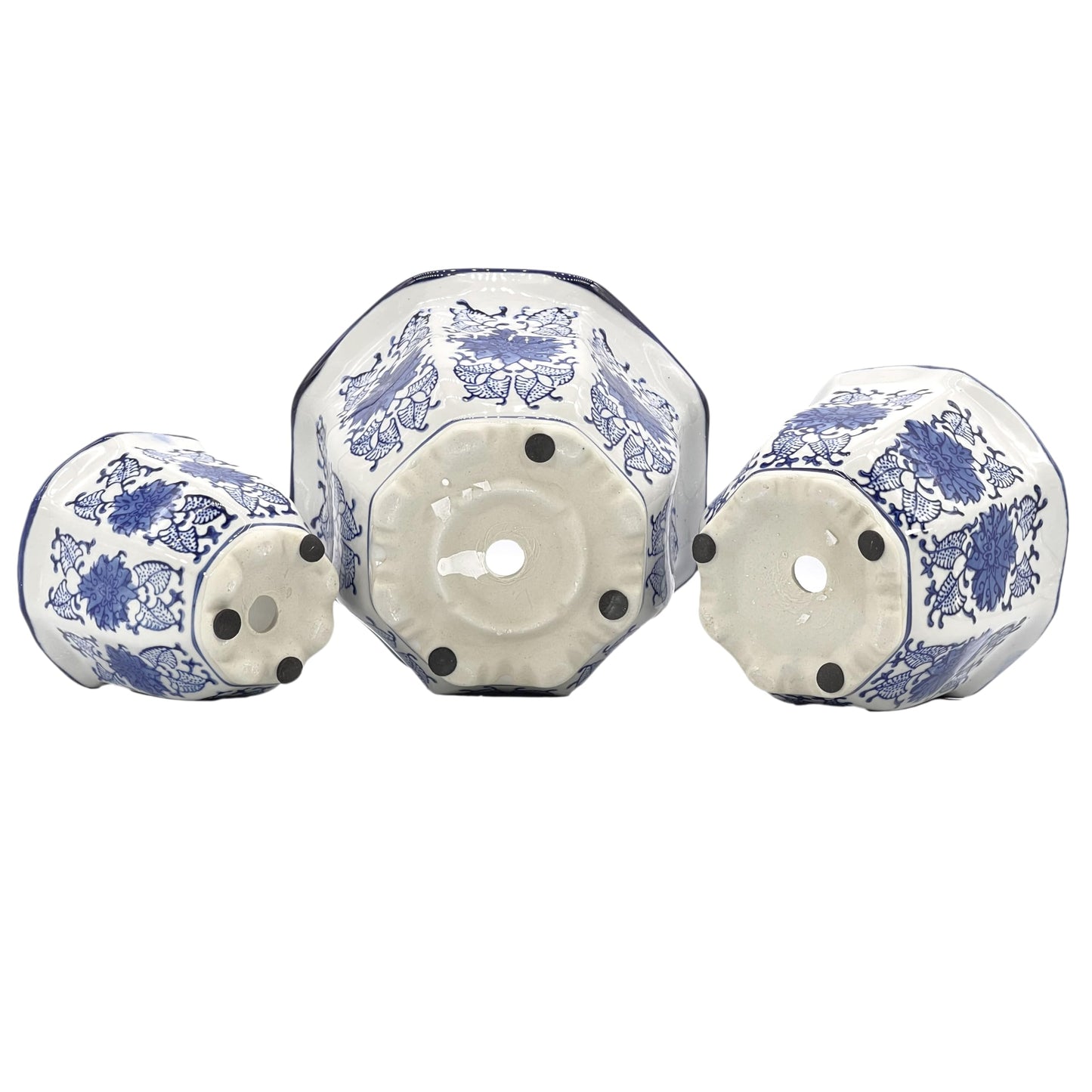 Galt International Blue & White Floral Porcelain Ceramic Decorative Flower Pot 8"/6"/4.5" Garden Pots Chinese Asian Design - Set of 3 Round Fluted