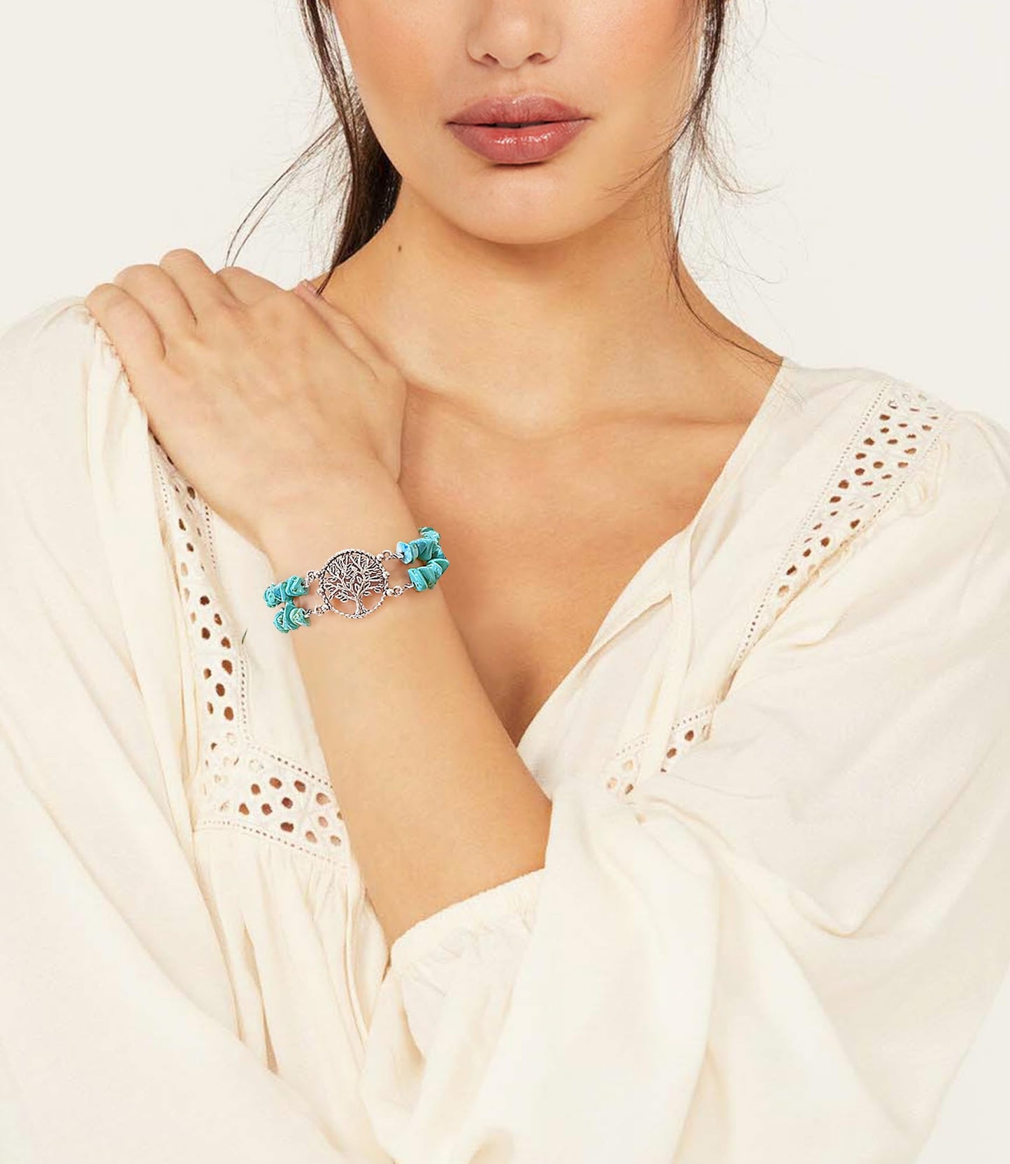 DOLIOX Boho Genuine Turquoise Bracelet for Women Western 925 Sterling Silver Gemstone Tree of Life Bracelets Jewelry for Her Wife Mom