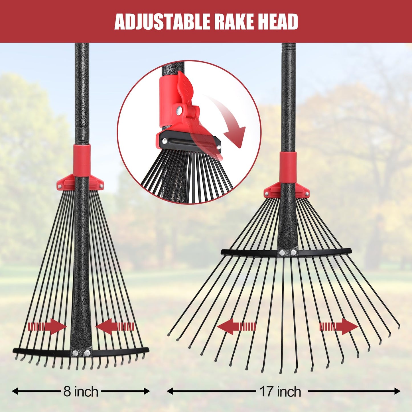 Garden Rake for Leaves: 55 Inch Adjustable Long Handle 18 Metal Tines with 8-17" Expandable Head Heavy Duty Metal Rake for Lawns Leaves Yard Grass Camping Debris