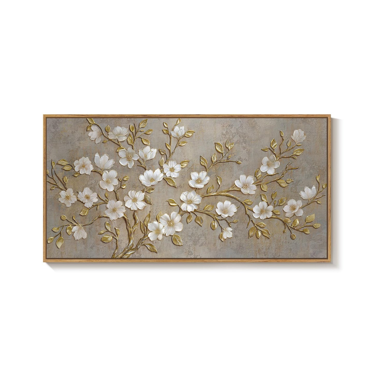 Large Framed Neutral Botanical Wall Art for Living Room, Rustic Elegant Magnolia Floral Canvas Prints Paintings, White Flower with Gold Branches Pictures for Dining Room Office Wall Decor, 60x30 Inch