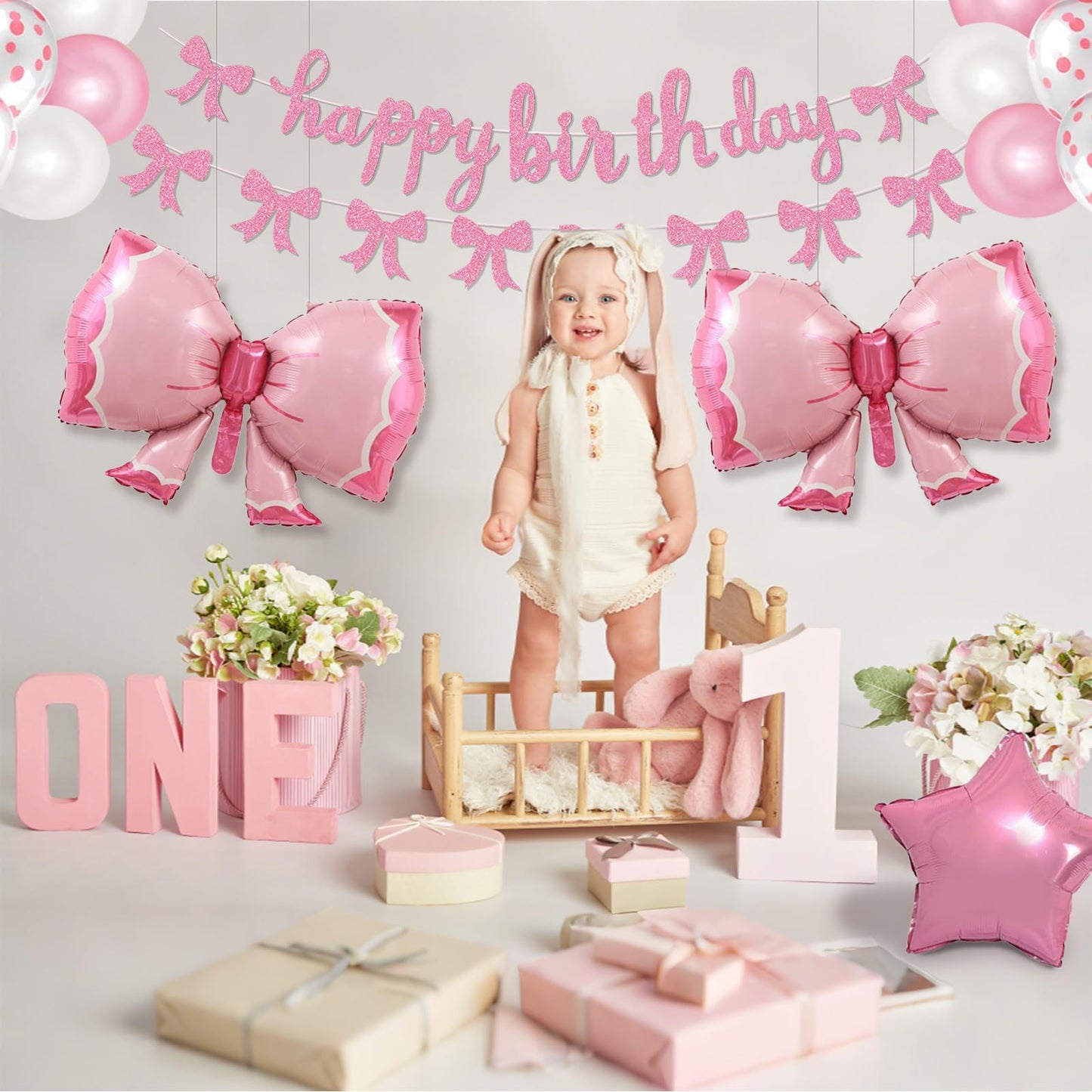 Phoaxul Cute Pink Bow Birthday Decorations for Girls, Glitter Happy Birthday Banner, Bow Balloons, Pink Party Decorations for Women, Baby Girl Shower, Princess Bday Party Supplies