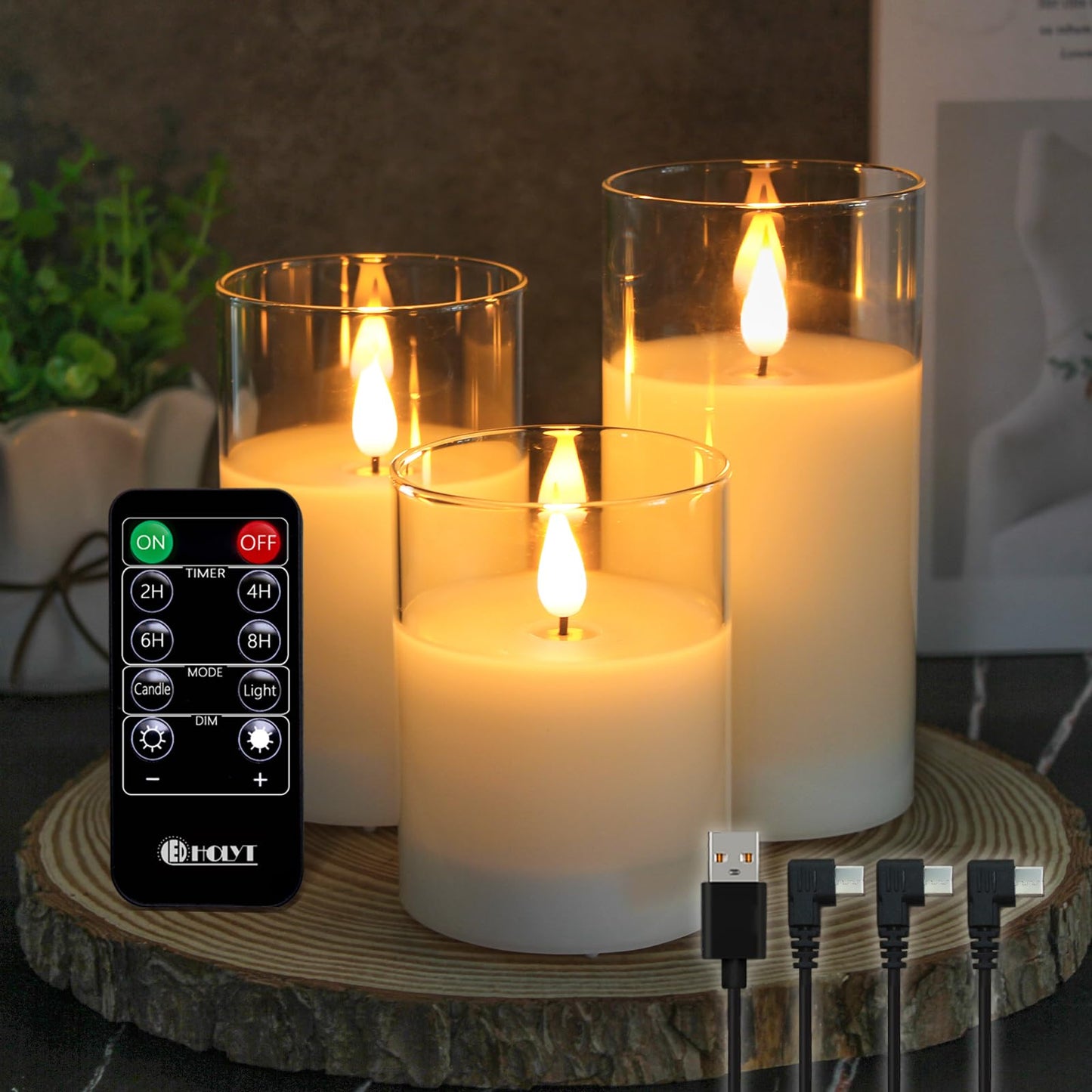 LEDHOLYT Rechargeable Flameless Glass Pillar Candles–Mothers Day Gifts,–Set of 3, Realistic Flickering LED Light,Remote & Timer, Ideal for Living Room, Bedroom & Birthday Gifts for Mom