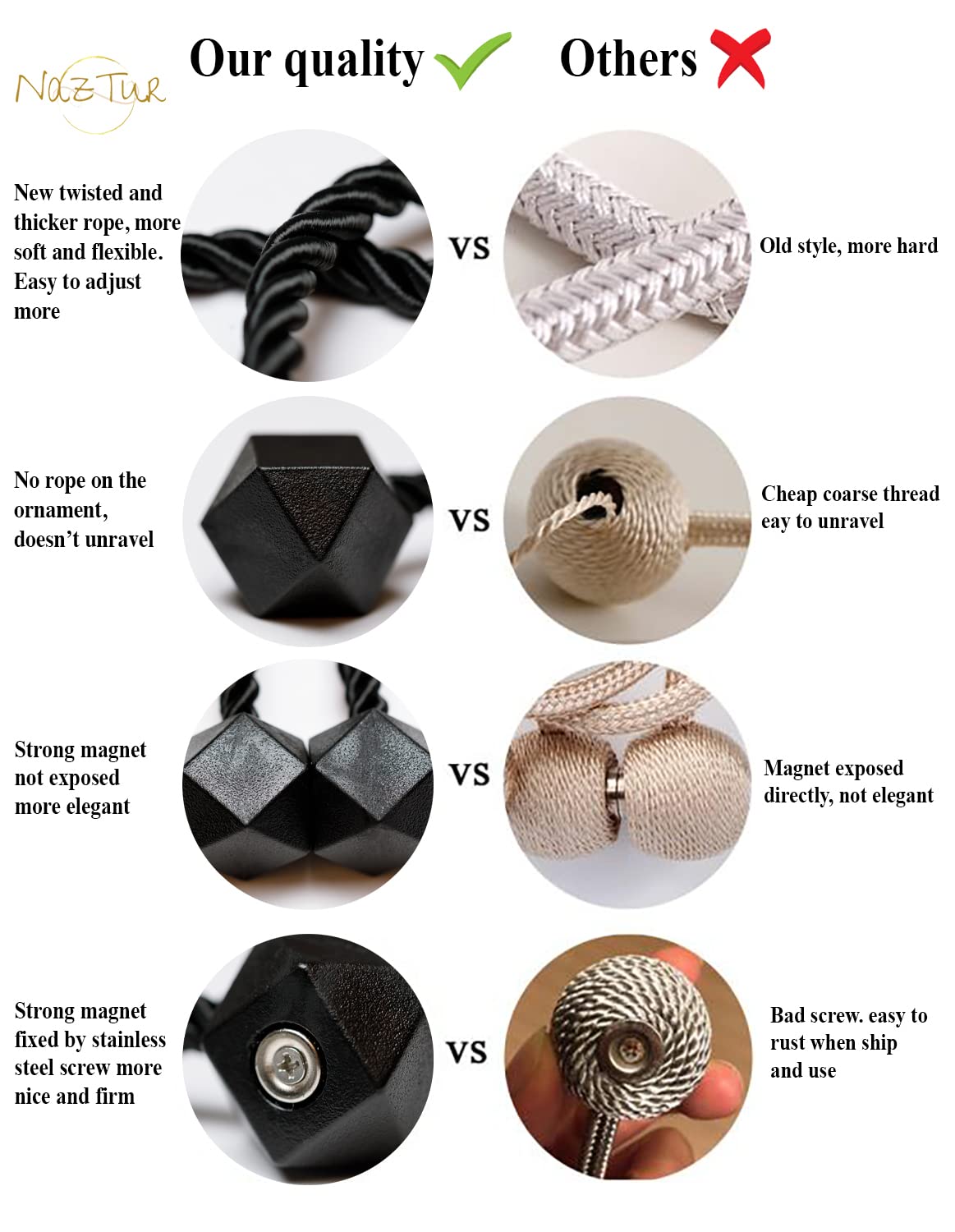 NazTur Magnetic Curtain Tiebacks- Upgrade 2022 with a Thicker Twist Rope & Strong Magnet Tieback Window Treatment Holdbacks Draperies Holders Decorative Drape Handmade Tie Back (Black, 2)