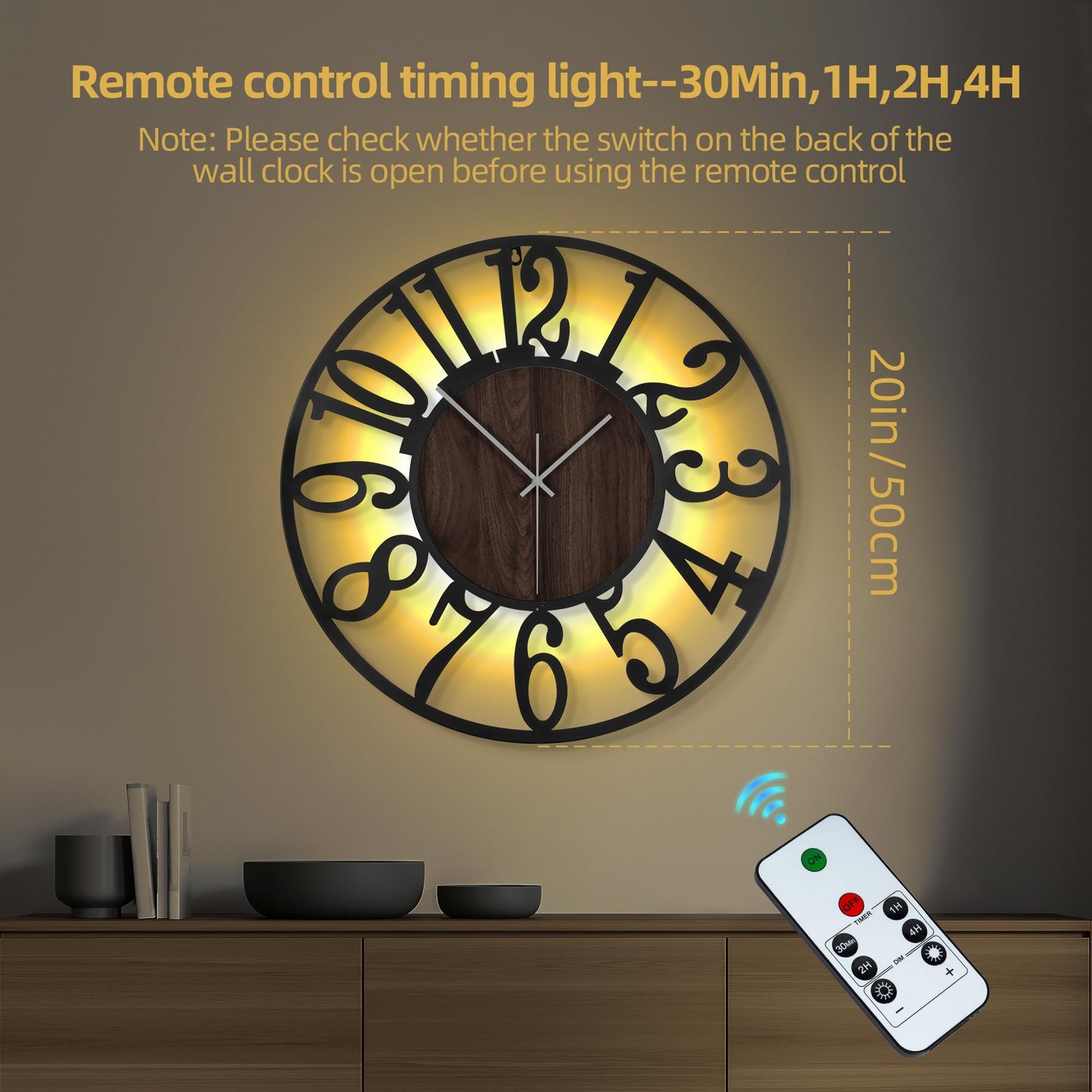 LEIKE Large Wall Clock 20'' Lighted Rustic Wood Clock with Remote Timer, Silent Battery Operated Modern Oversized Wall Clock for Living Room, Bedroom, Farmhouse, Home Decor, Large Number Display