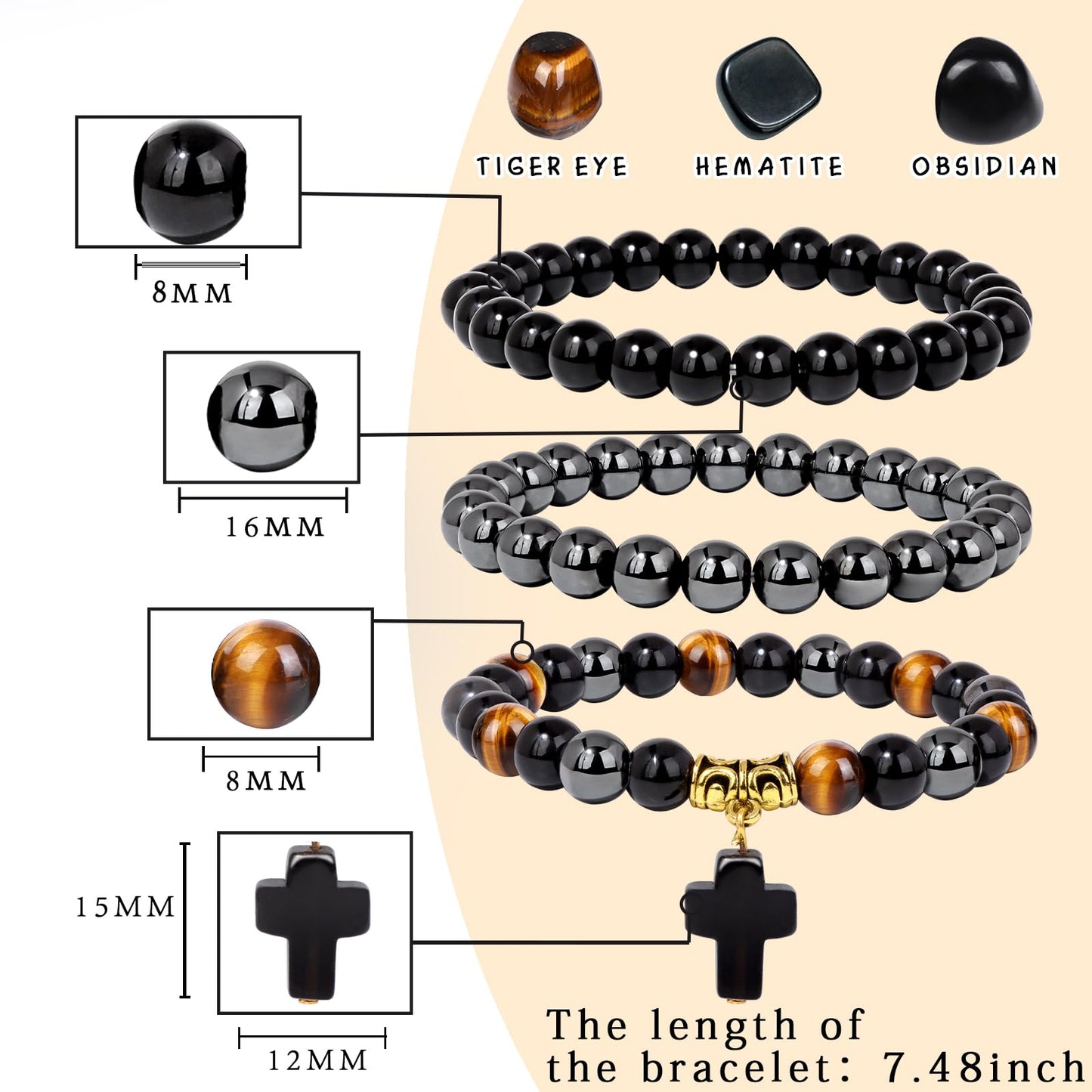 Vinswet Healing Crystal Beaded Bracelets for Women,Natural Tiger Eye Hematite Obsidian Triple Protection Bracelet,Anxiety Stress Relief Heart Charm Bracelet HandmadeJewelry Gifts for Women (3pcs)