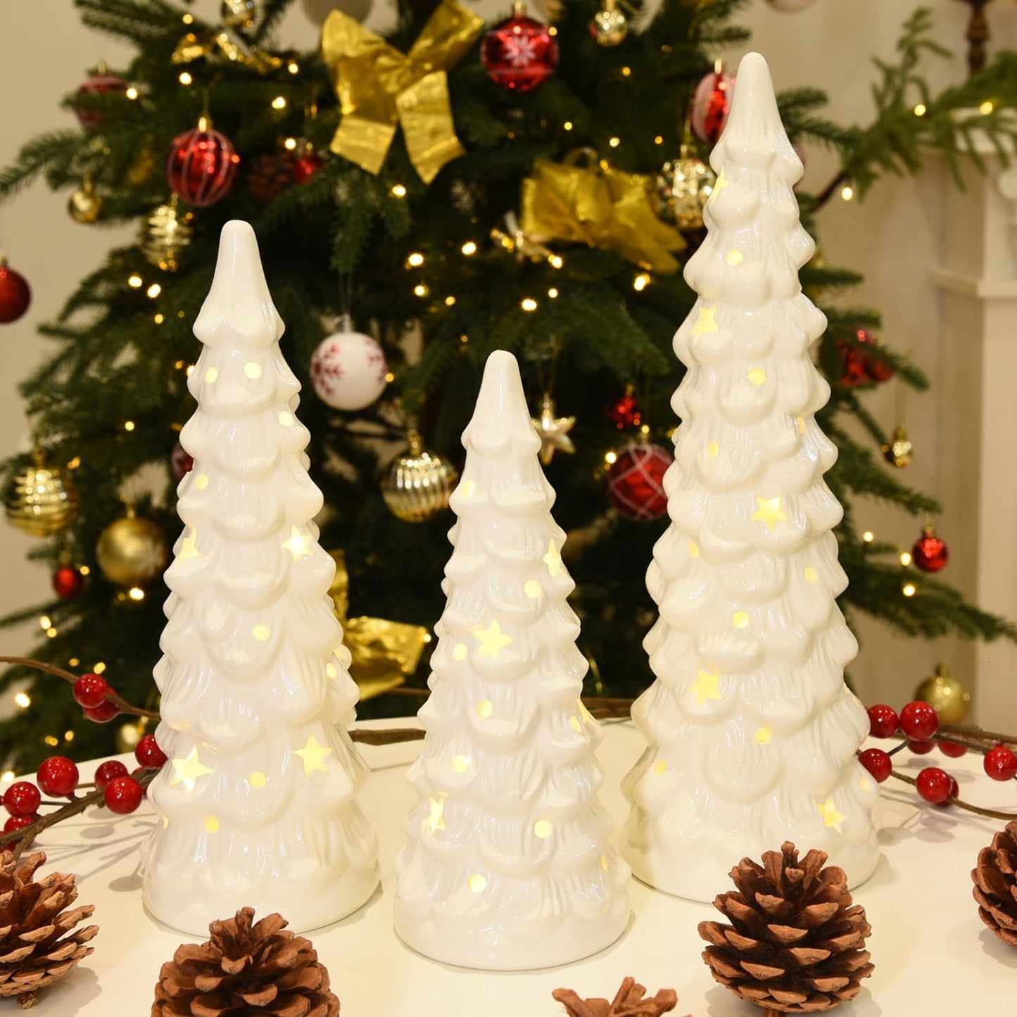 JETEHO Set of 3 White Ceramic Christmas Trees Tabletop Christmas Tree with Stars and Dots Cutouts Ceramic White Christmas Decorations for Home