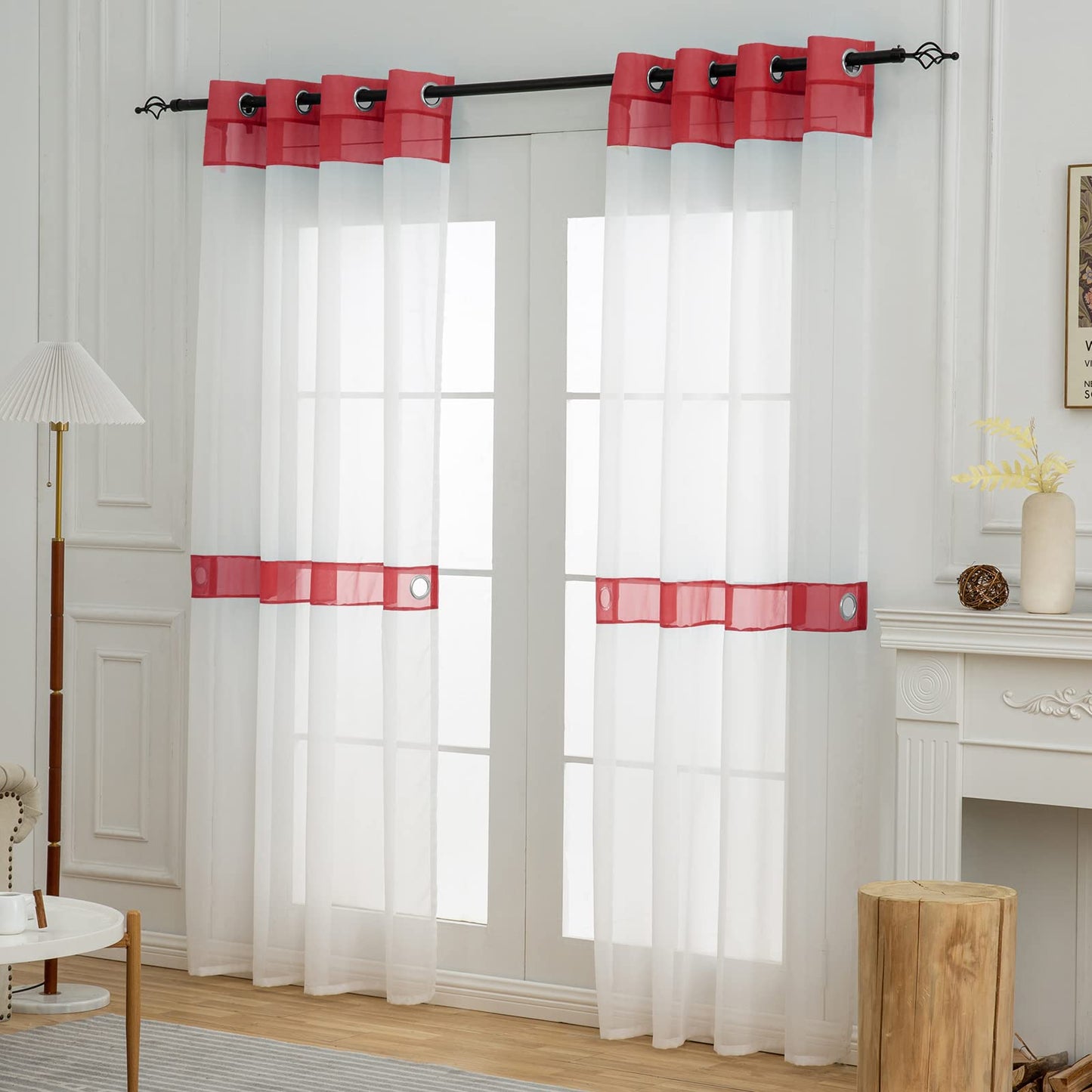 L.Z.E Red and White Sheer Curtains 84 Inches Long 2 Panels Set, Transparent Voile Window Drapes for Living Room & Dining Room with Classic Design, Elegant Grommet Curtain with Tieback