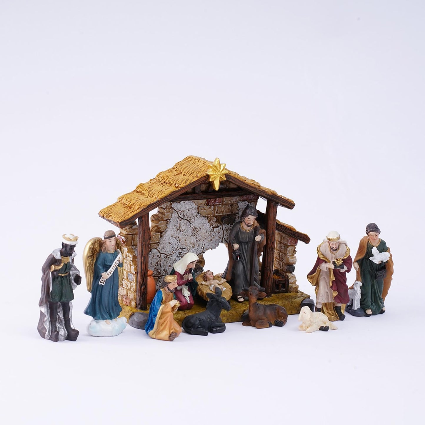 QZLUJIANG Traditional Christmas Nativity Scene Set with Stable, 12 Piece Resin Figurine Collection, Holiday Religious Decor (3.3inch)