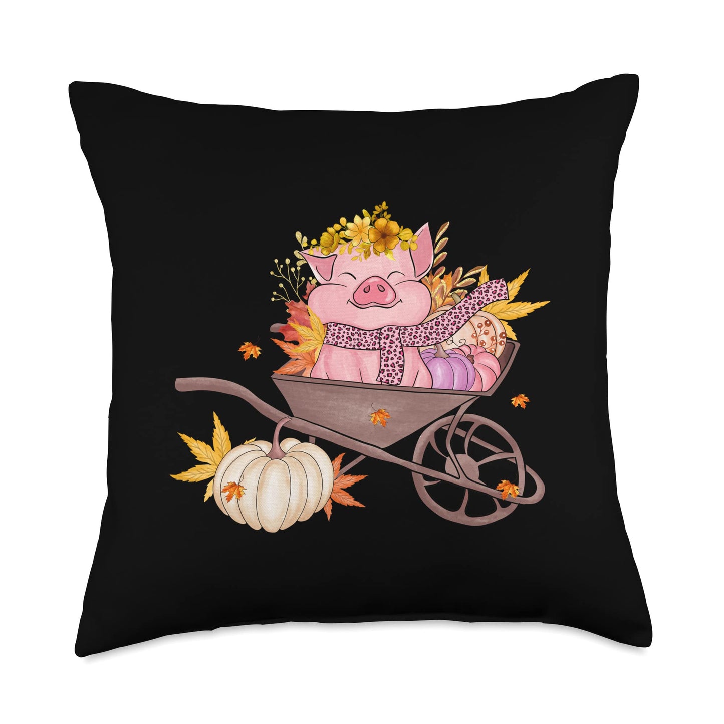 Cute Pig Farm Animal in Autumn Pumpkin Filled Wheelbarrow Throw Pillow