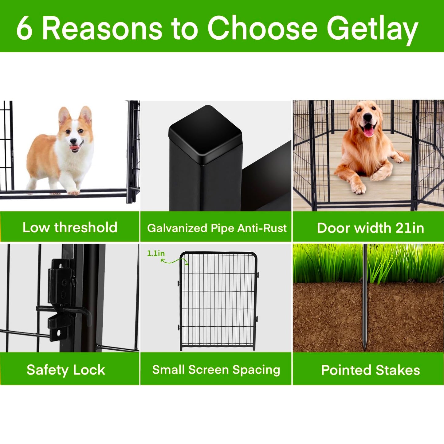 Getlay Tall Garden Fences and Borders for Dogs, 4.6ft High Dog Fence, 10 Panels Total 22.1Ft Long, Gate 21 inches Wide with Low Sills, Animal Barrier Fence, Metal Fence Panels, Flower Bed Fencing