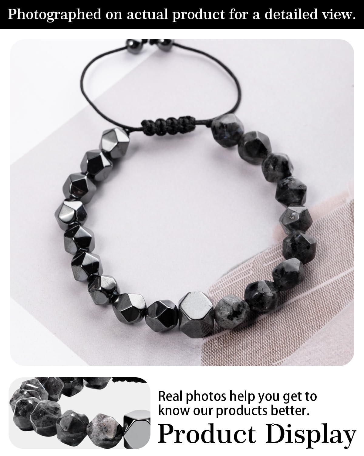 Beaded Bracelet for Men, 10mm Natural Stones Bracelet for Men's Gift, Adjustable Precision-Cut Gemstone Crystal Healing Bracelet, Protection Jewelry Gift with Hematite, Tiger Eye (Black Labradorite & Hematite)