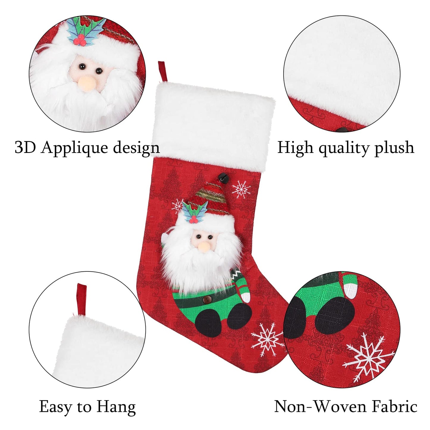 COOLWUFAN Christmas Stockings 4 Pack, 19'' Xmas Stockings with Snowflake Santa Snowman Reindeer Penguin and Plush Faux Fur Cuff Stockings for Stairs Fireplace Hanging Xmas Home Decor