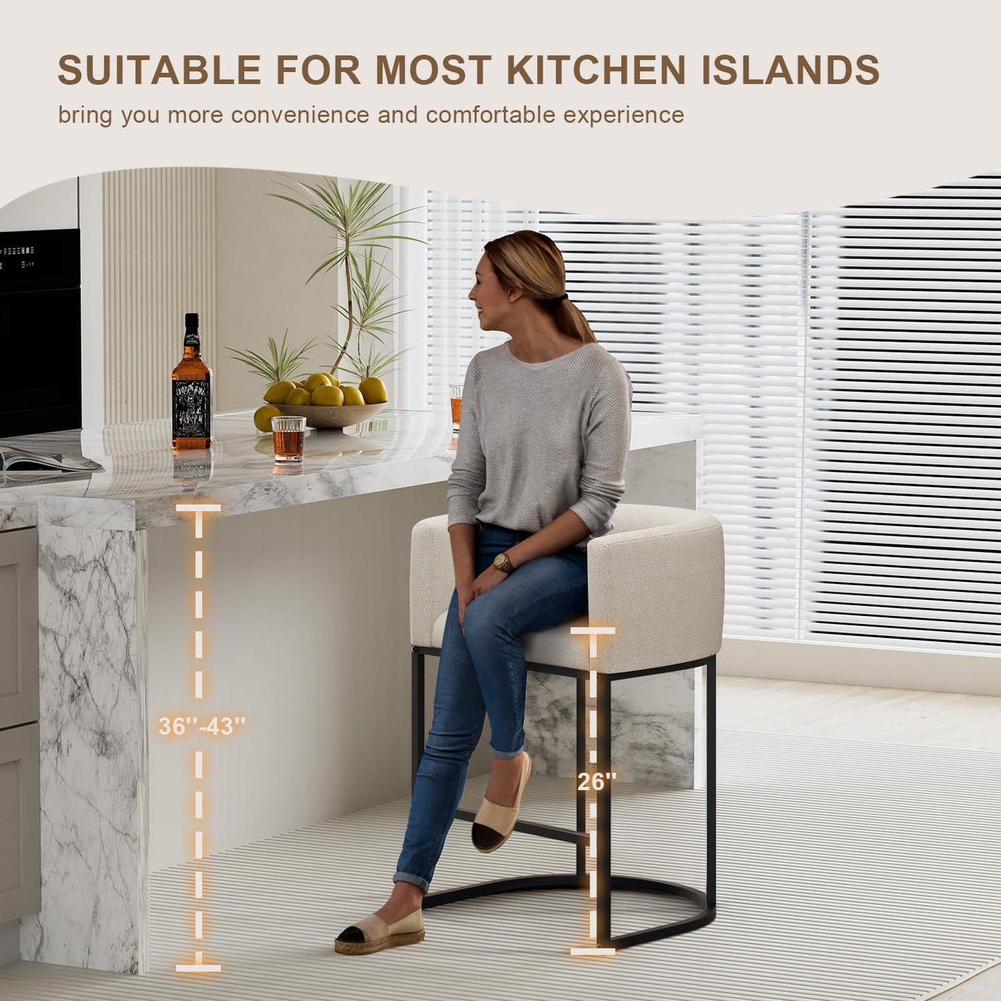 VATROS 26" H Counter Height Bar Stools Set of 2, Modern Barrel Counter Stools with Backrest and Arms, Linen Fabric Upholstered Accent Barstools for Kitchen Island,Support 450 LBS (Beige)