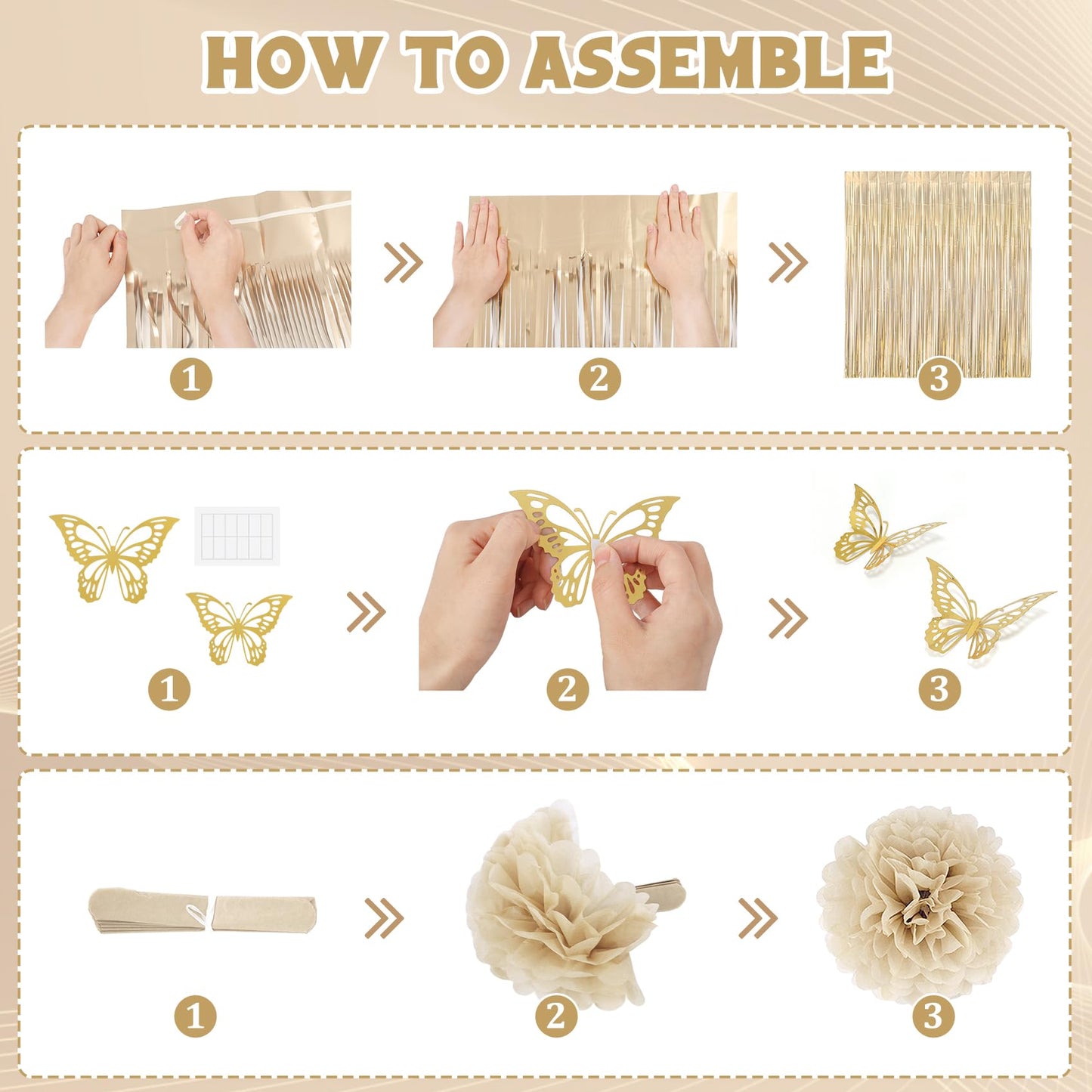 White and Gold Birthday Decorations for Women Girls, Gold White Sand Confetti Metallic Printed Balloon Butterfly Sticker Fringe Curtain Happy Birthday Banner Heart Garland Paper Pompom Party Supplies