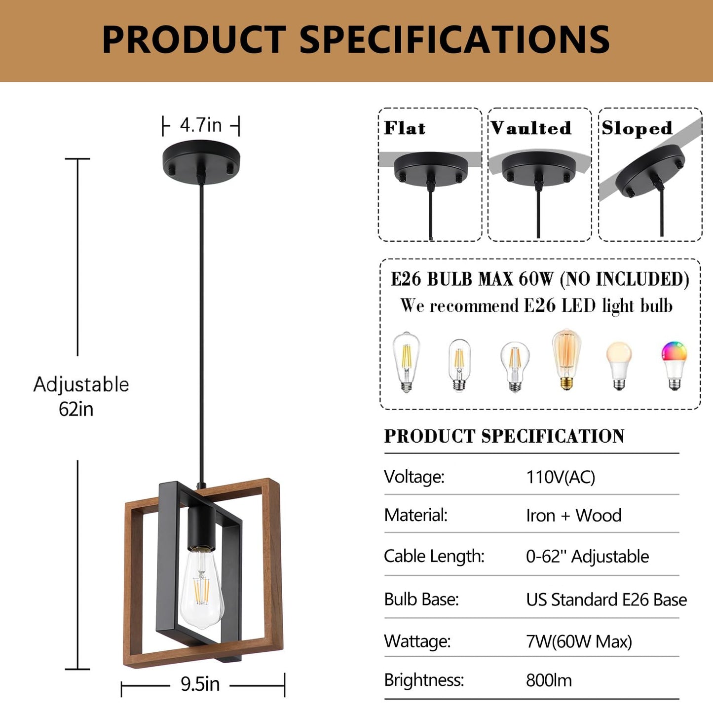 9MMML Industrial Small Pendant Lighting, Farmhouse Kitchen Island Hanging Lamp with Cord, Wood+Metal,1 Light E26 Fixture for Dining Room Bedroom Hallway Entryway,9.5 inch