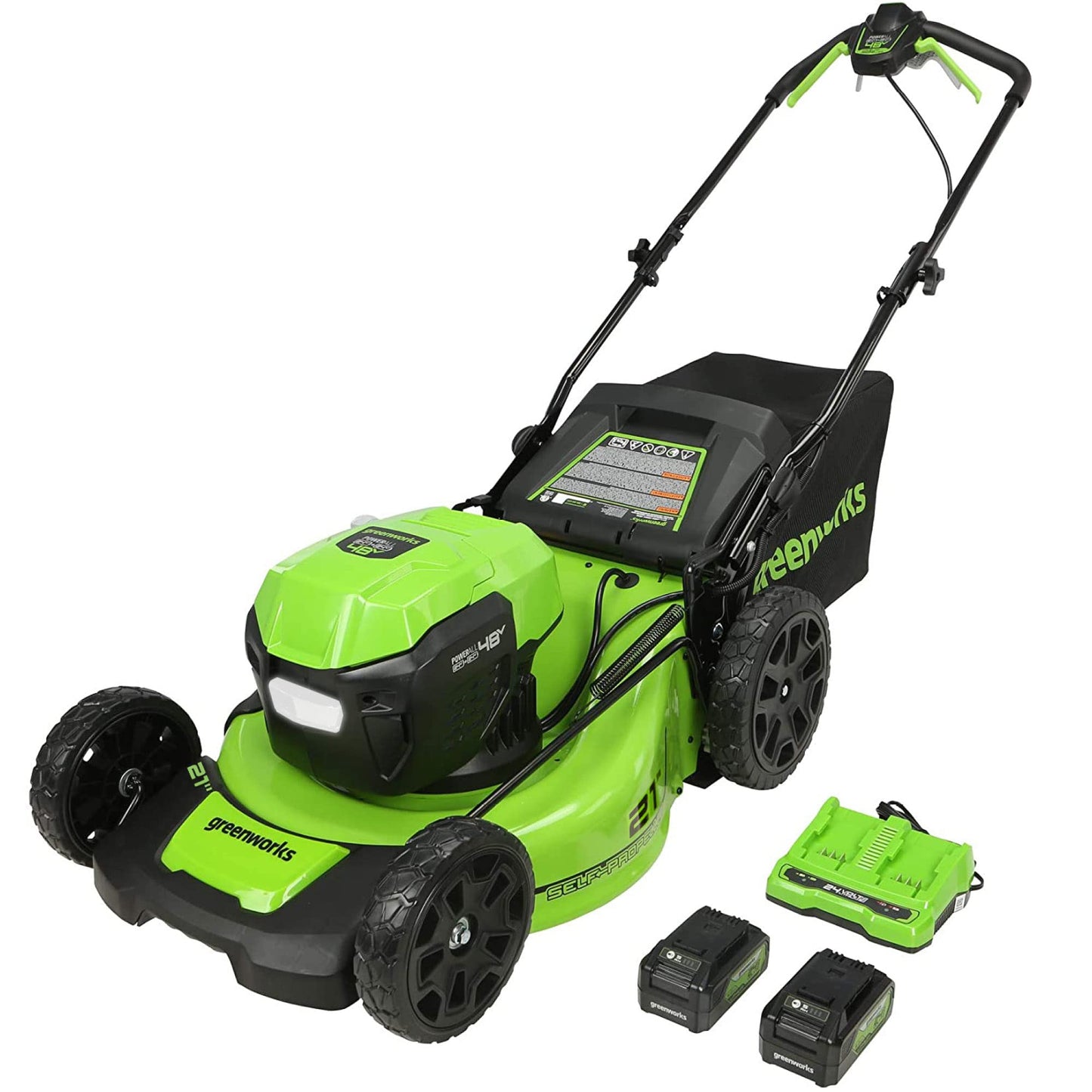 Greenworks 48V (24V x 2) 21" Brushless Cordless (Self-Propelled) Lawn Mower (LED Headlight), (2) 5.0Ah Batteries and Dual Port Rapid Charger Included (200+ Compatible Tools)