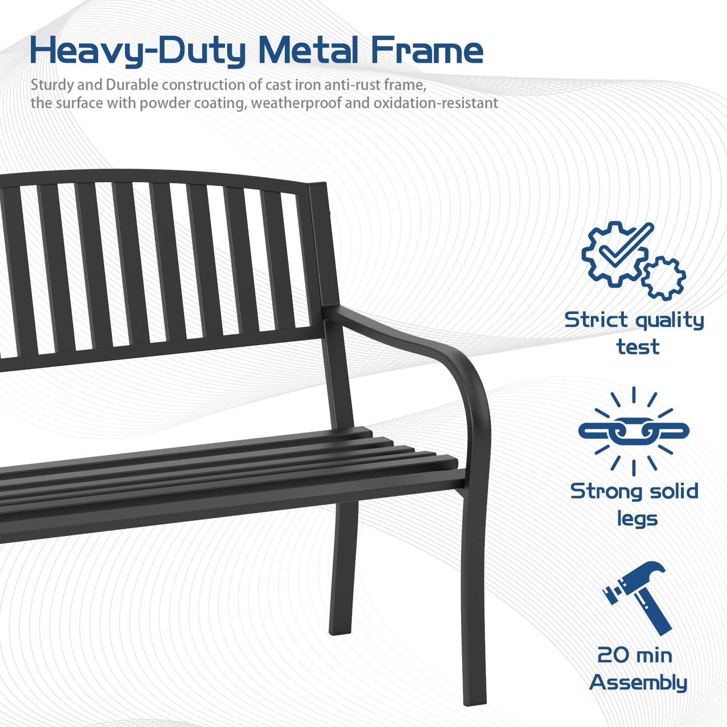 Maemttes Outdoor Bench Garden Bench, Weatherproof Anti-Rust Heavy-Duty Outside Benches Clearance, Wrought Iron Metal Bench for Front Porch, Patio, Park