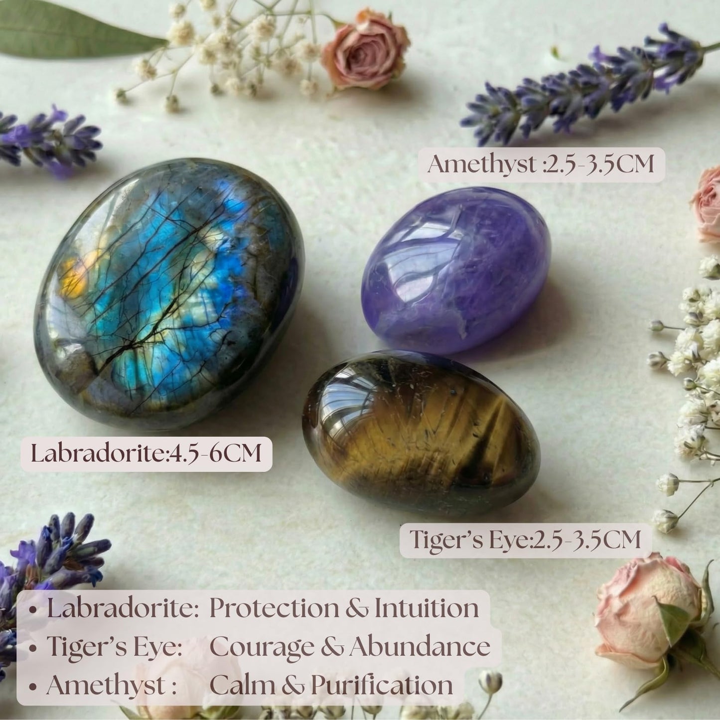 Protection & Anxiety Relief Crystal Set - Polished Palm Stones Labradorite, Tiger Eye & Amethyst, Worry Stones Trio for Meditation, Yoga, Travel Protection, Aura Cleansing & Chakra Balance