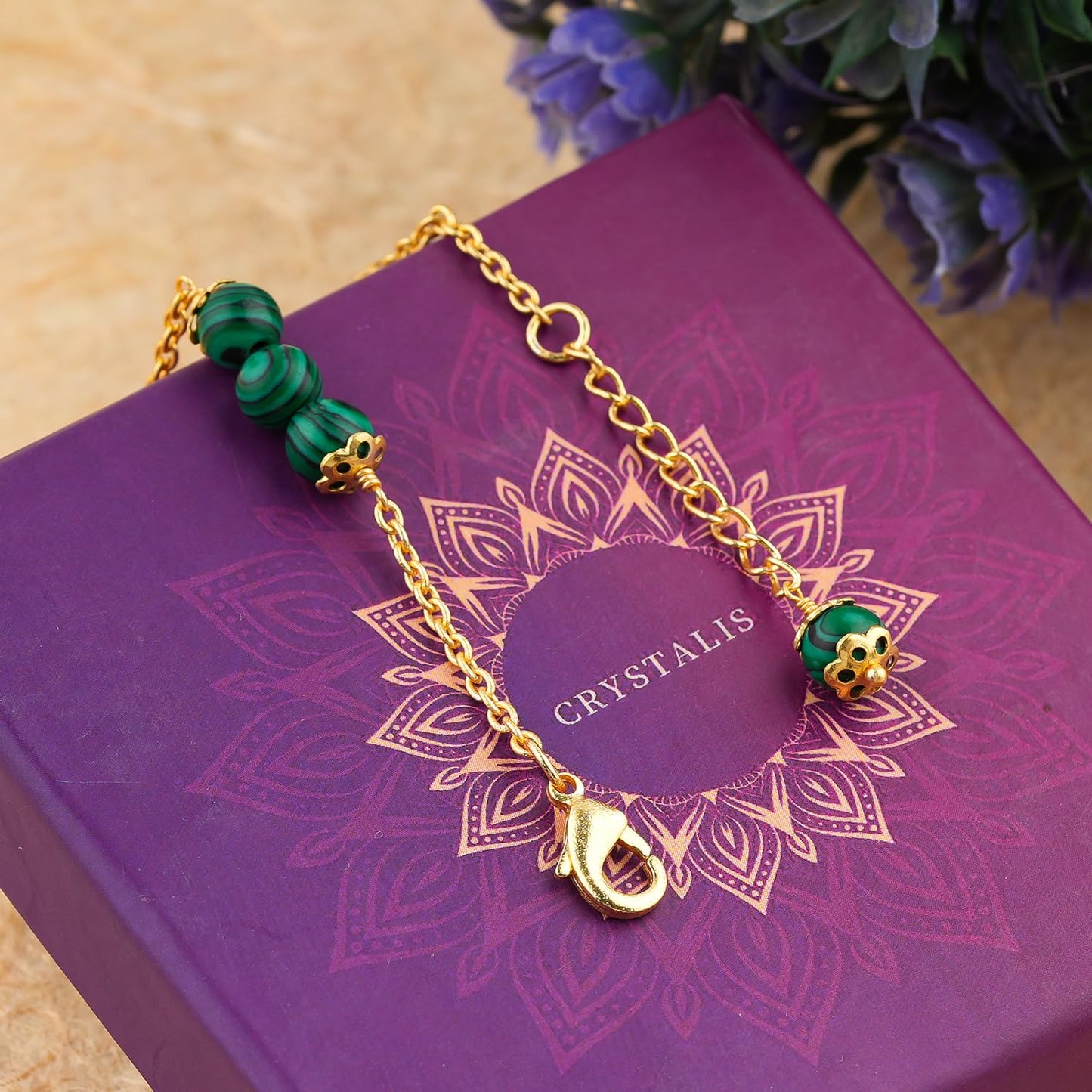 JEWEL OF ROCKS Stylish MALACHITE Bracelet, Handmade Craft, Beads Bracelet, Chakra Healing Bracelet, Gemstone Women Jewelry, Hypoallergenic Gold Plated Brass Bracelets 8" inch