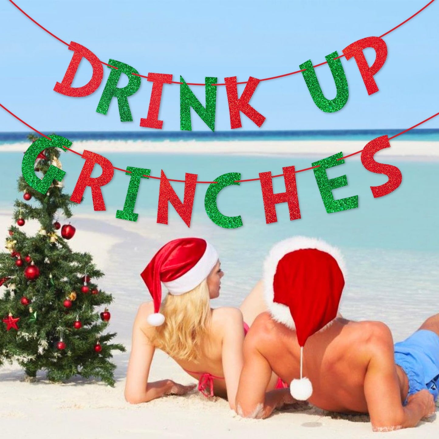 Rismise Drink Up Christmas Decorations Red Green Glittery Christmas Banner Xmas Garland Banners Winter Holiday Garland Photo Props Banners Christma Party Decorations for Xmas Backdrop Decorations