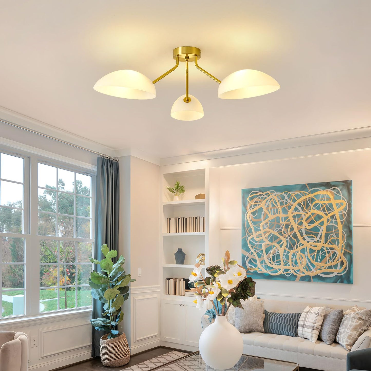 XIAOQIWU 31.5”Gold-Plated Modern Ceiling Light Chandelier Light Fixture for Bedroom and Living Room Ceiling - Adjustable Light and Color with Acrylic lampshade - Sputnik Ceiling Light