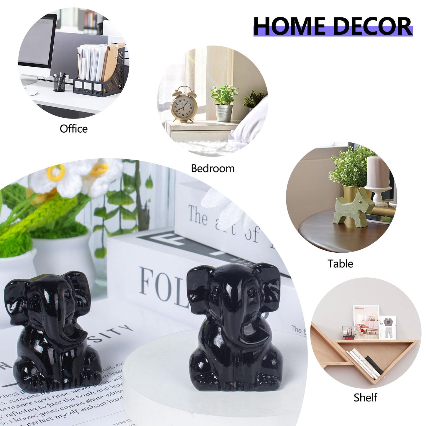 Ytbeoxk 2 Inch Crystal Elephant Decor Statues, Black Obsidian Cute Sitting Elephant Figurines, Reiki Healing Crystal Carved Animal Statues, Home Office Desk Hand Carved Decor Gifts for Women