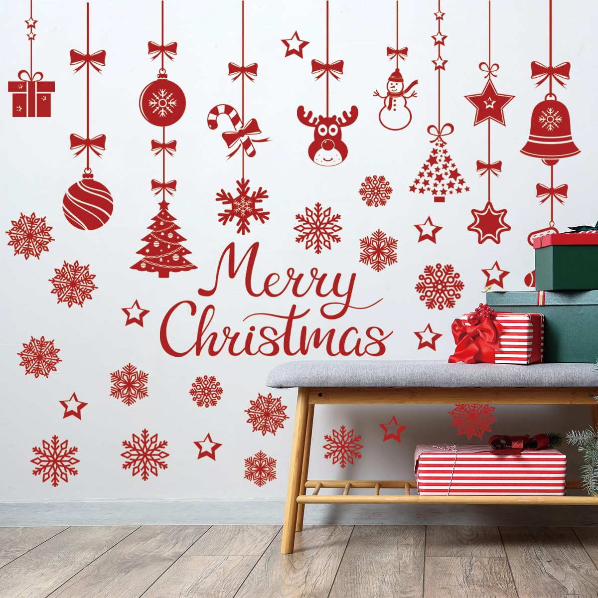 48.42 x 43.31 Inch Merry Christmas Wall Decal Christmas Light Ball Snowflake Deer Wall Sticker Decor for Xmas Holiday Party Supplies Home Wall Decor