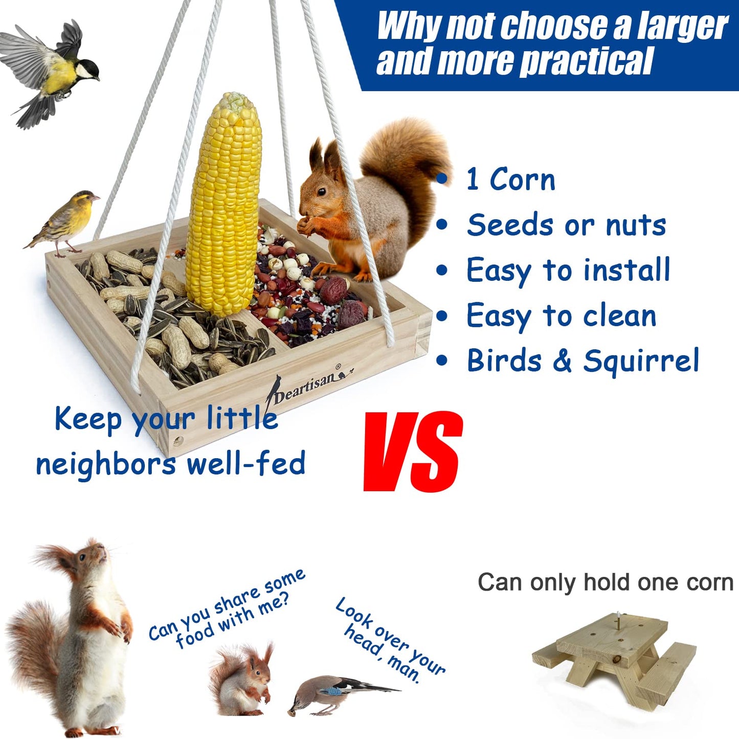 Platform Squirrel & Bird Feeders, Quality Cedar Made Wood Tray Garden Hanging Animal for Yard Outside Decoration Attrcting for Wild Birds