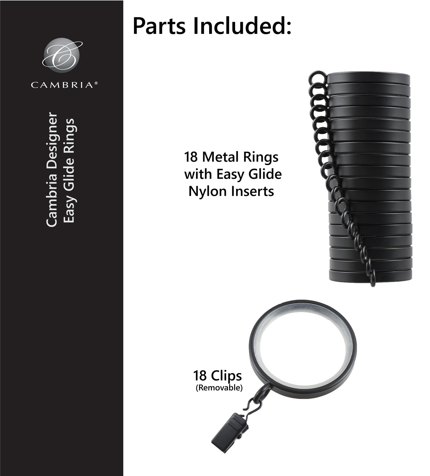 MODE Cambria Designer Series - Premium Easy Glide 18 Count Curtain Rings - Metal with Smooth, Quiet Nylon Inserts with Clips - 2 inch Diameter (1-5/8 inch Inside Diameter) - Weathered White