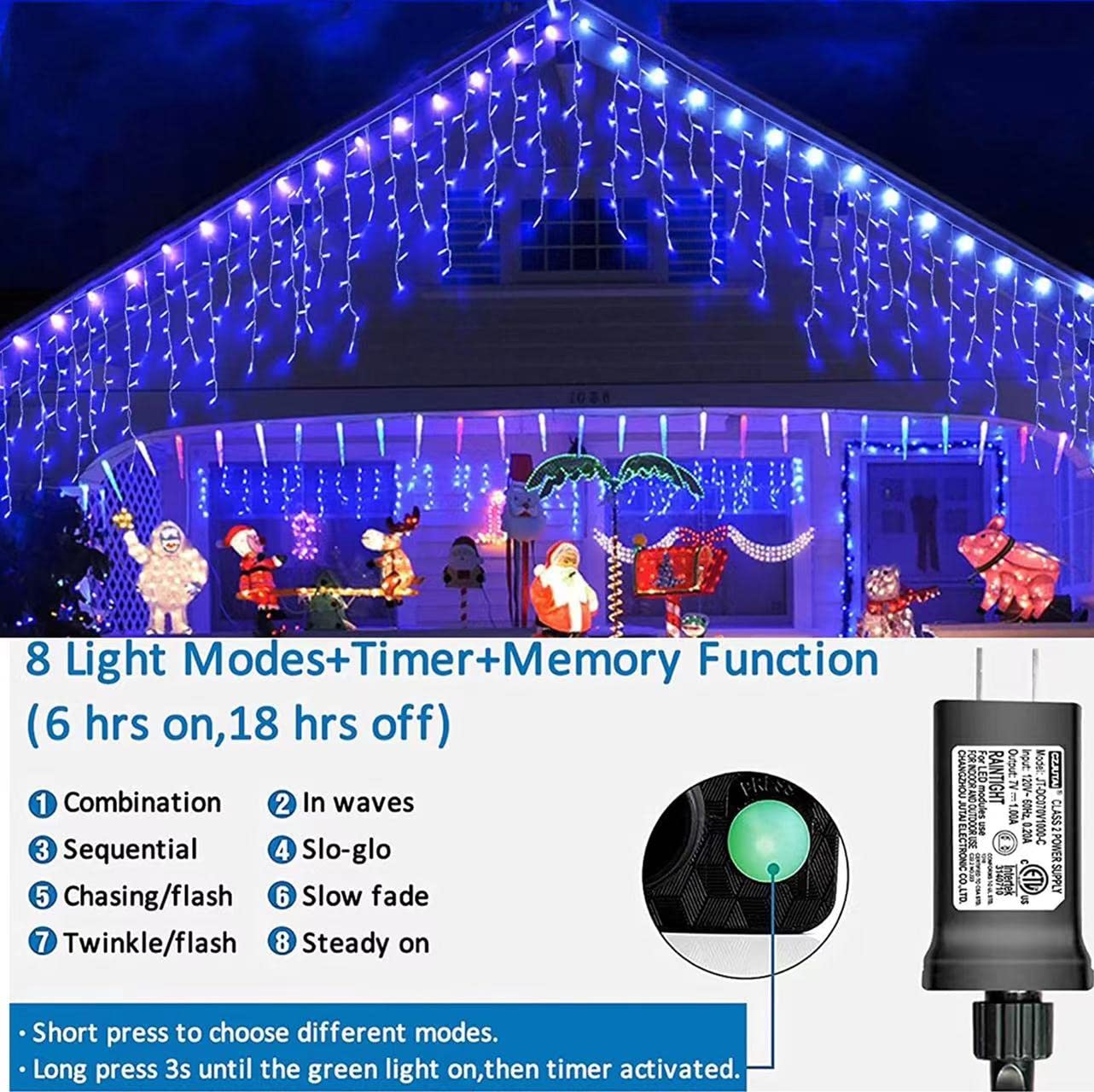 YEGUO 400 LED Blue Icicle Lights Outdoor Waterproof, 33ft 80 Drops Icicle String Lights Connectable, 8 Modes Icicle Christmas Lights with Memory