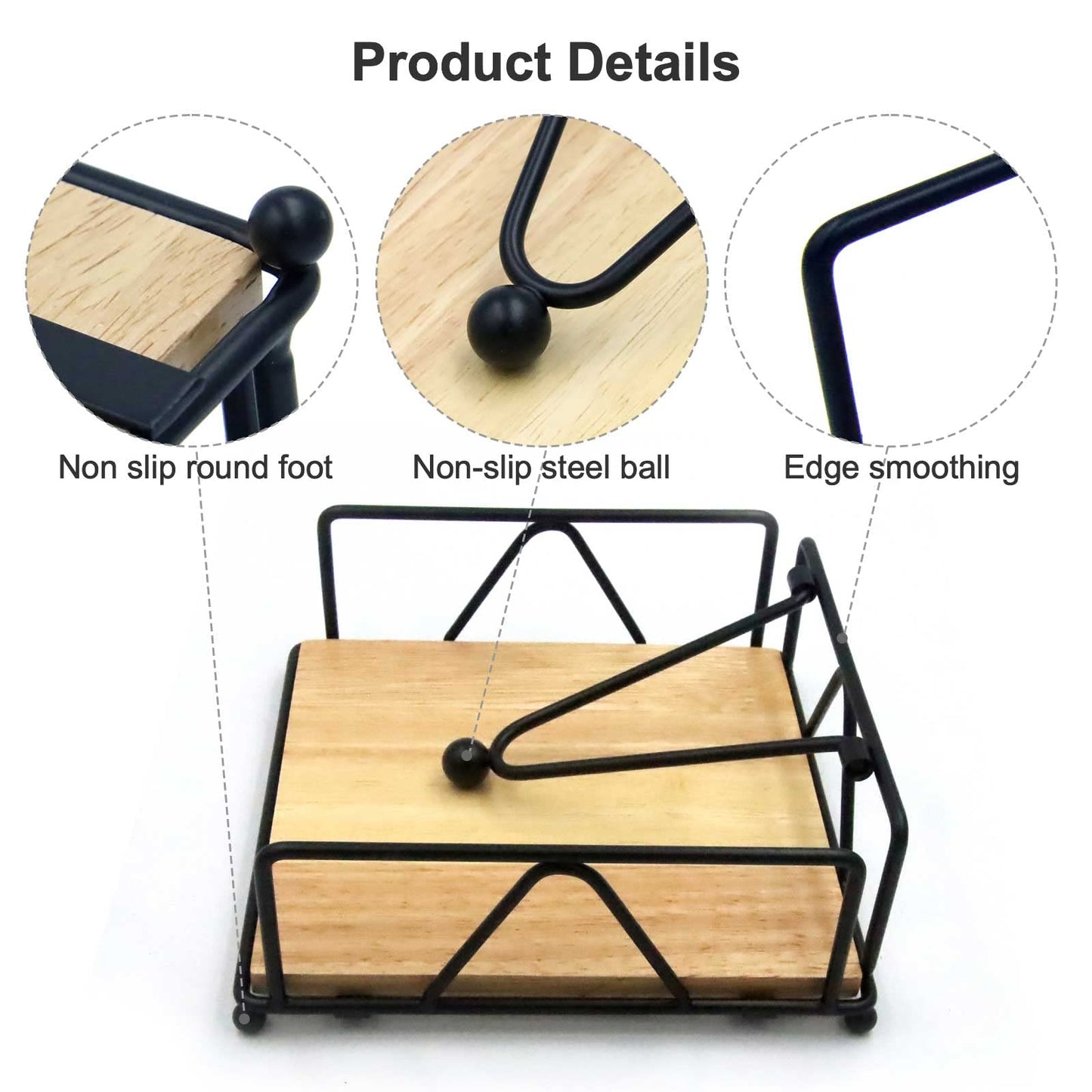 Napkin Holder for Table, Metal and Wood Napkin Holder, Standing Napkin Holders for Paper Napkins, for Kitchen Counter, Dining Table, 7" x 7"(Black)
