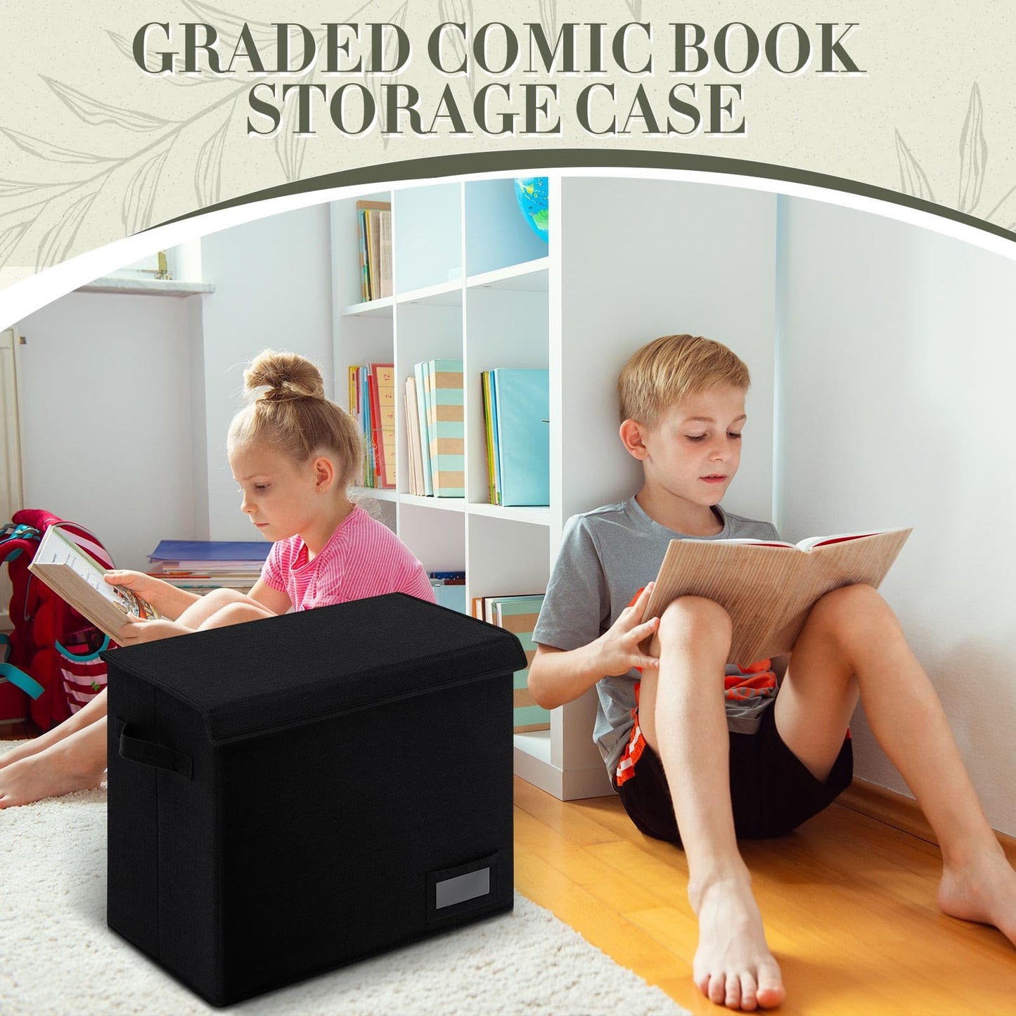 Yearntown 2 Pack Graded Comic Book Storage Box 15.5 x 9.5 x 13.5 Inch Collapsible Holds 56 Comic Book Organizer with Lid Labe 3 Removable Box Partitions, Black