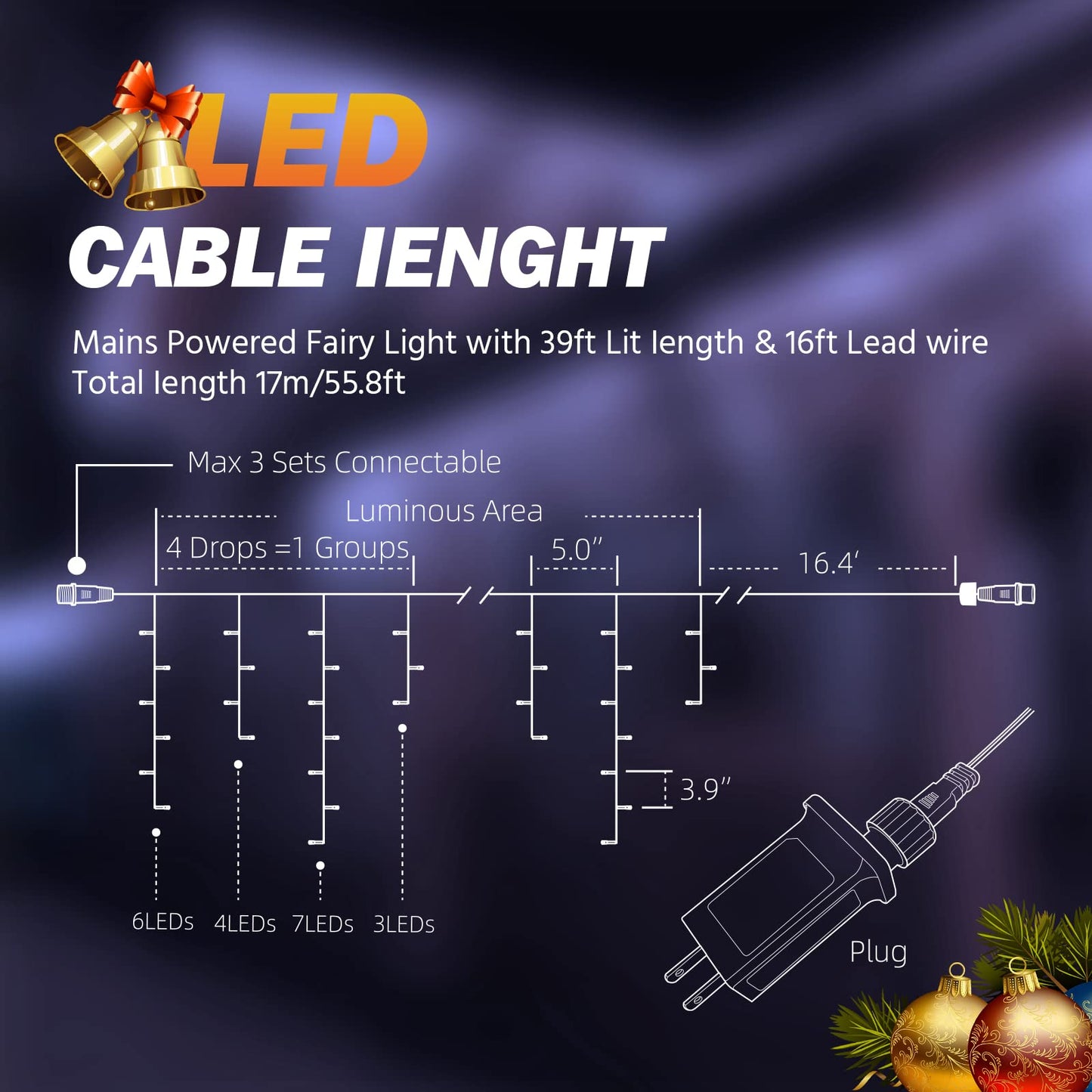 USOKYO Icicle Christmas Lights Outdoor, 480 LED 39FT String Lights With 96 Drops, 8 Modes and Timer, Twinkle Fairy Lights for House Patio Bedroom Wedding (Cool White)