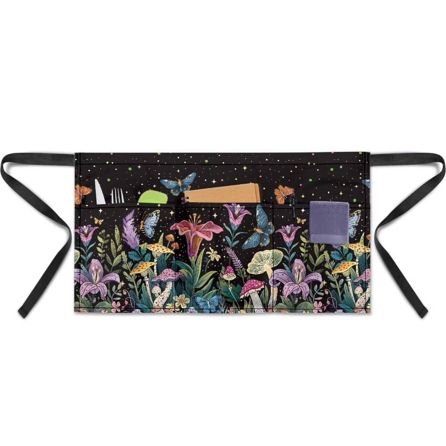 Yatixapu Server Waitress Waist Apron with 3 Pockets Flower Mushroom Waterproof Aprons 13 Inch Short Half Waist Aprons for Grilling Gardening Baking