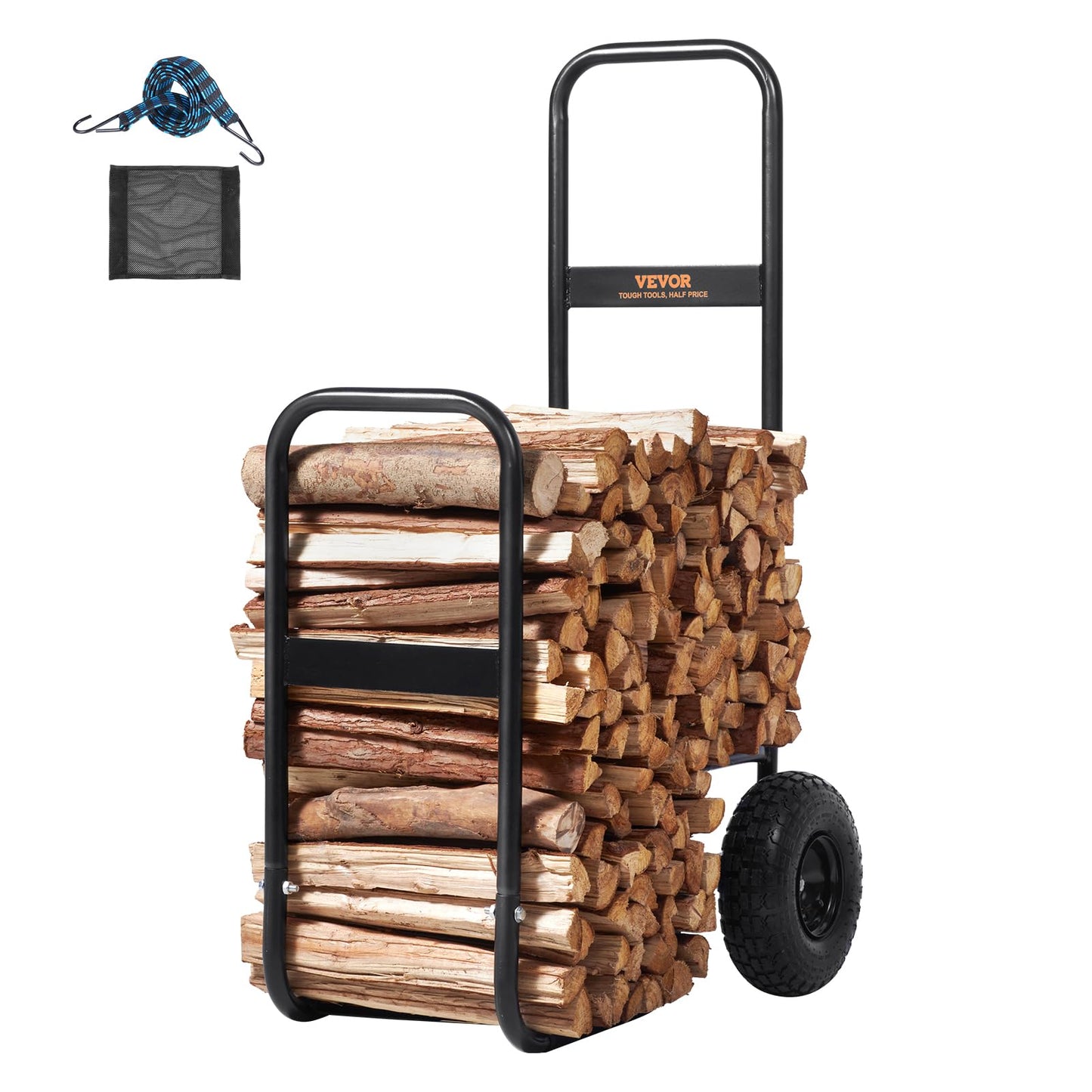 VEVOR Log Cart 250 lbs Load Capacity, Outdoor and Indoor Wood Rack Storage Mover with Pneumatic Rubber Wheels, Heavy Duty Steel Dolly Hauler, Firewood Carrier for Fireplace, Fire Pit, Black