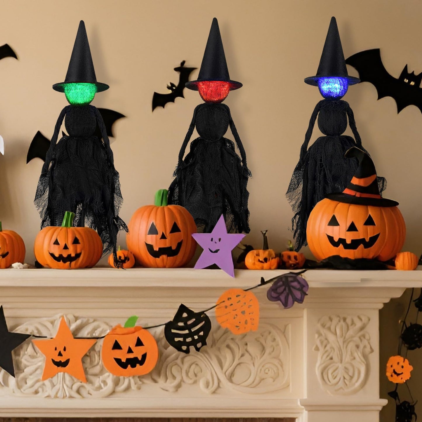 Halloween Decorations Indoor, Set of 3 Lighted Primitive Witch with Hat, Spooky Black Witches Figurines LED Lights Standing Table Decor Scary Table Centerpieces Tiered Tray Decor Shelves Mantels Home