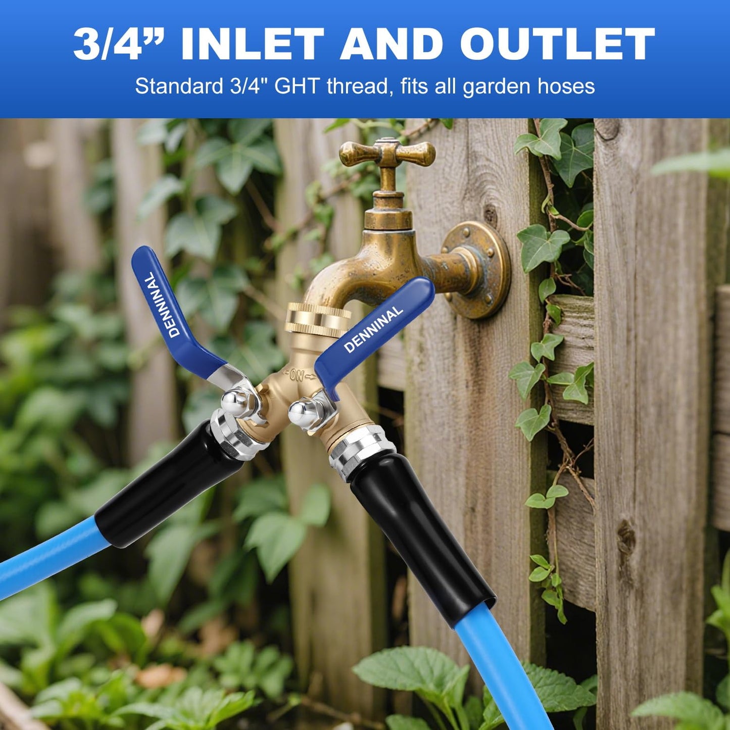 Denninal Brass Garden Hose Splitter 2 Way Heavy Duty with 304 Stainless Steel Long Handle, Outdoor Full Flow Hose Bib Splitter Connector, Y Valve 3/4 Inch GHT Thread
