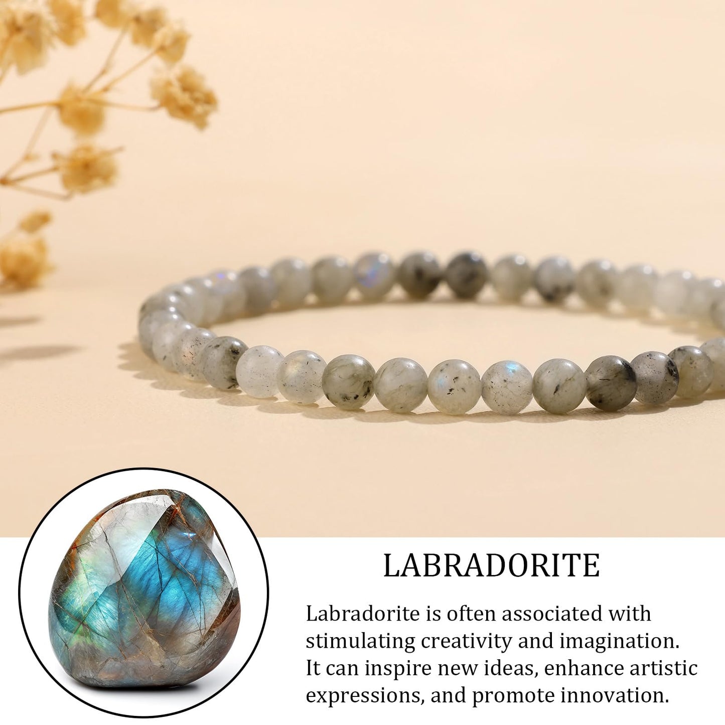 GolbalJew Natural Gemstone Beads Bracelets Healing Crystal Stone Beaded Bracelet for Women Men Handmade Spiritual Jewelry Gifts, 4mm Labradorite Round Beads
