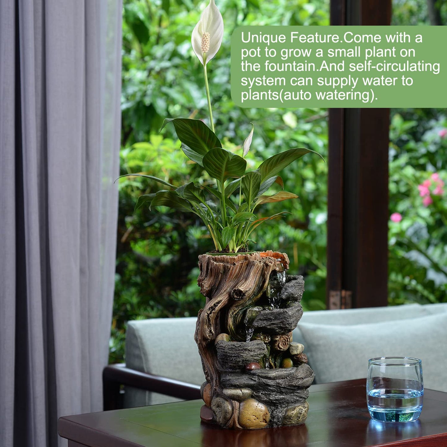 GOSSI Indoor 5-Tier Rockery Tabletop Waterfall Fountain with Auto Watering and Small Plastic Plant Pot, Decorative Home Water Fountain (22021)