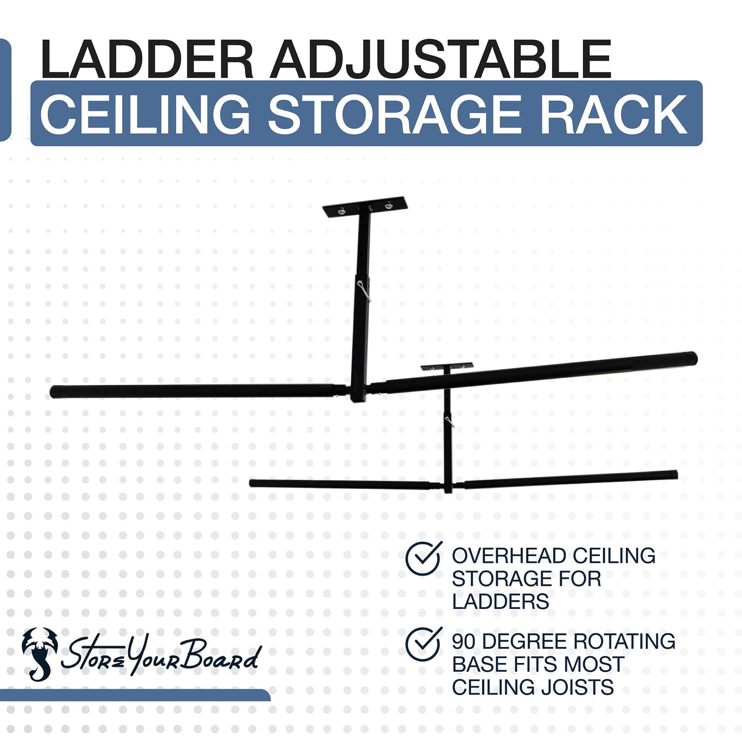 StoreYourBoard Adjustable Overhead Ladder Rack – Garage Organizer Ladder Shelf for Step & Extension Ladders - Storage Racks and Shelving for Garage Organization - Ceiling Mounted - Holds 150 lbs
